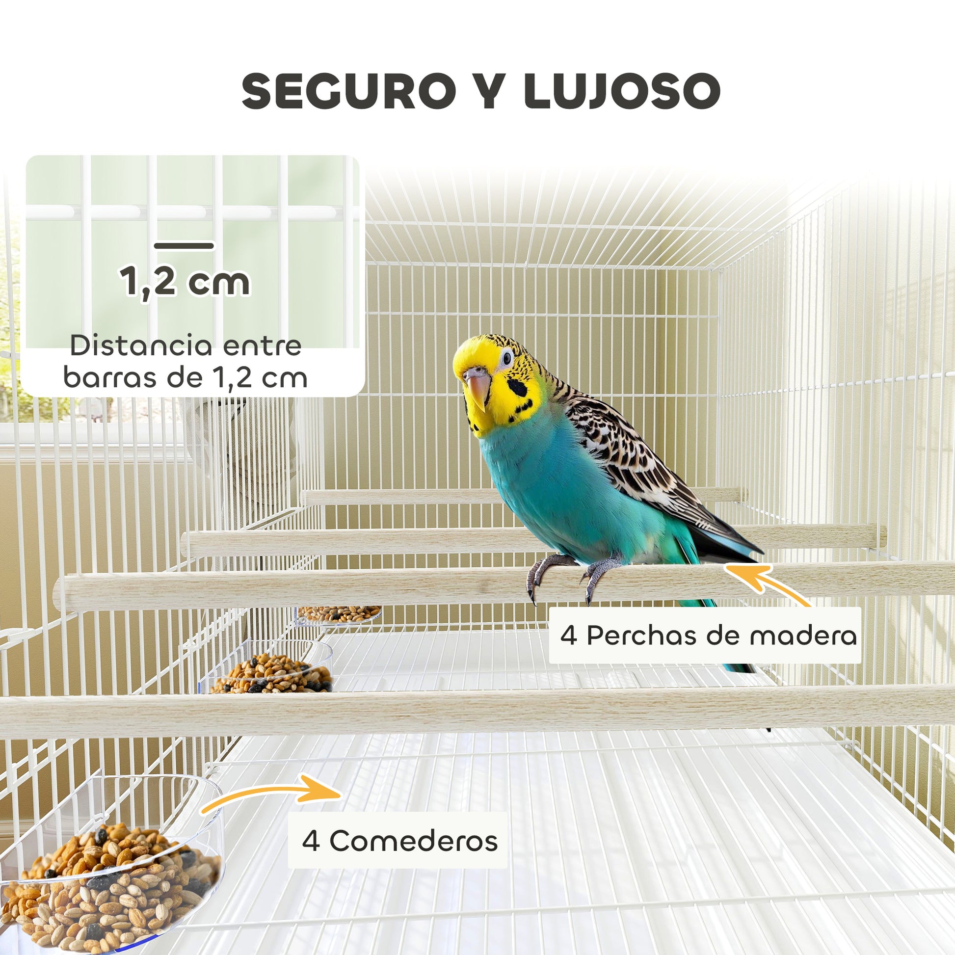 Bird Cage with Divider Birdcage with Wheels 4 Feeders 4 Perches and Removable Tray Cage for Parrots Canaries Budgies 76x46x116 cm White