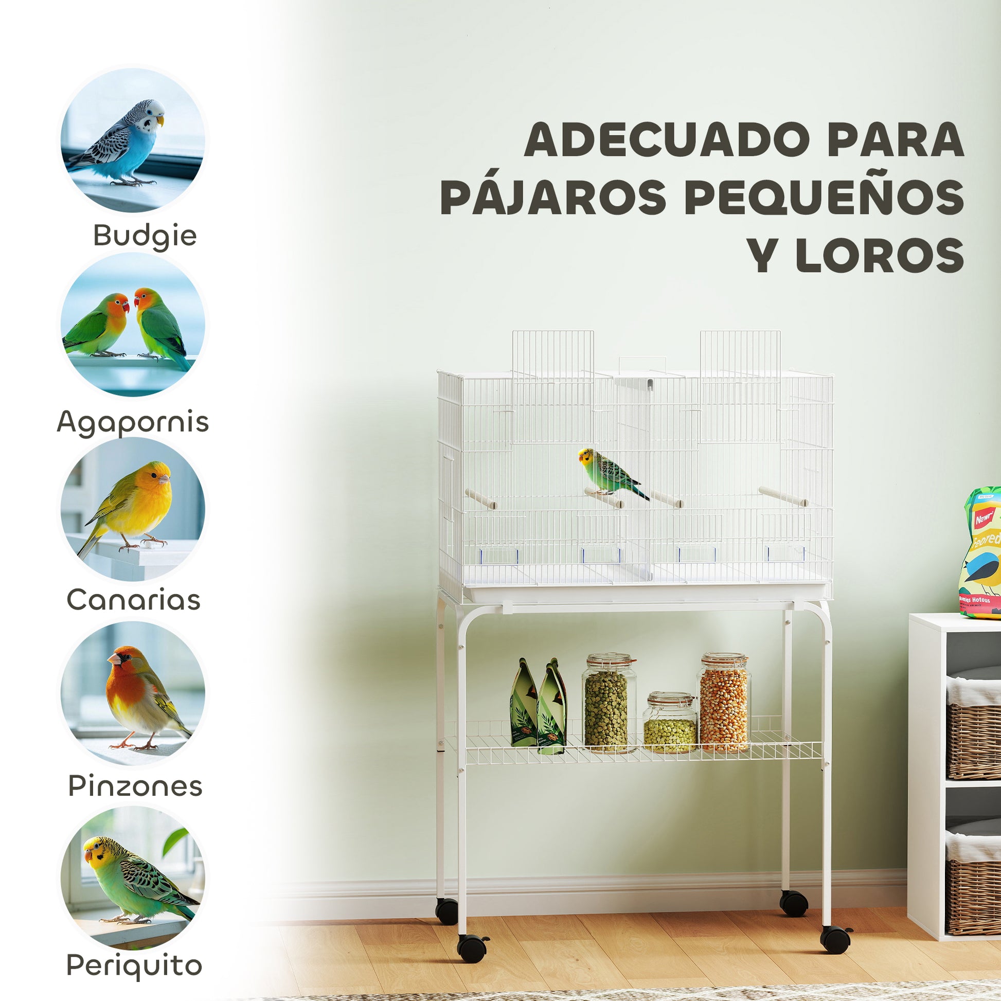 Bird Cage with Divider Birdcage with Wheels 4 Feeders 4 Perches and Removable Tray Cage for Parrots Canaries Budgies 76x46x116 cm White