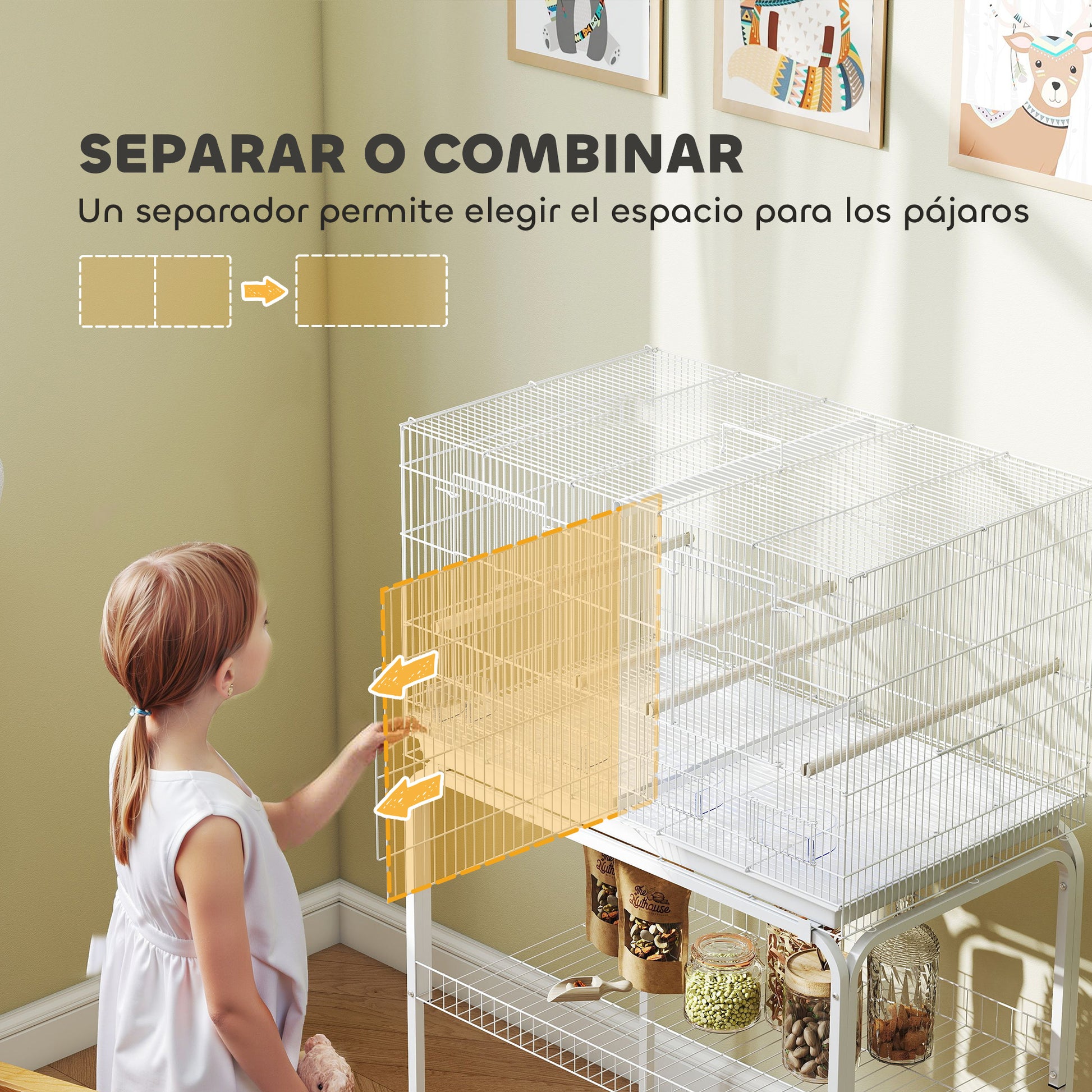 Bird Cage with Divider Birdcage with Wheels 4 Feeders 4 Perches and Removable Tray Cage for Parrots Canaries Budgies 76x46x116 cm White