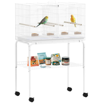 Bird Cage with Divider Birdcage with Wheels 4 Feeders 4 Perches and Removable Tray Cage for Parrots Canaries Budgies 76x46x116 cm White