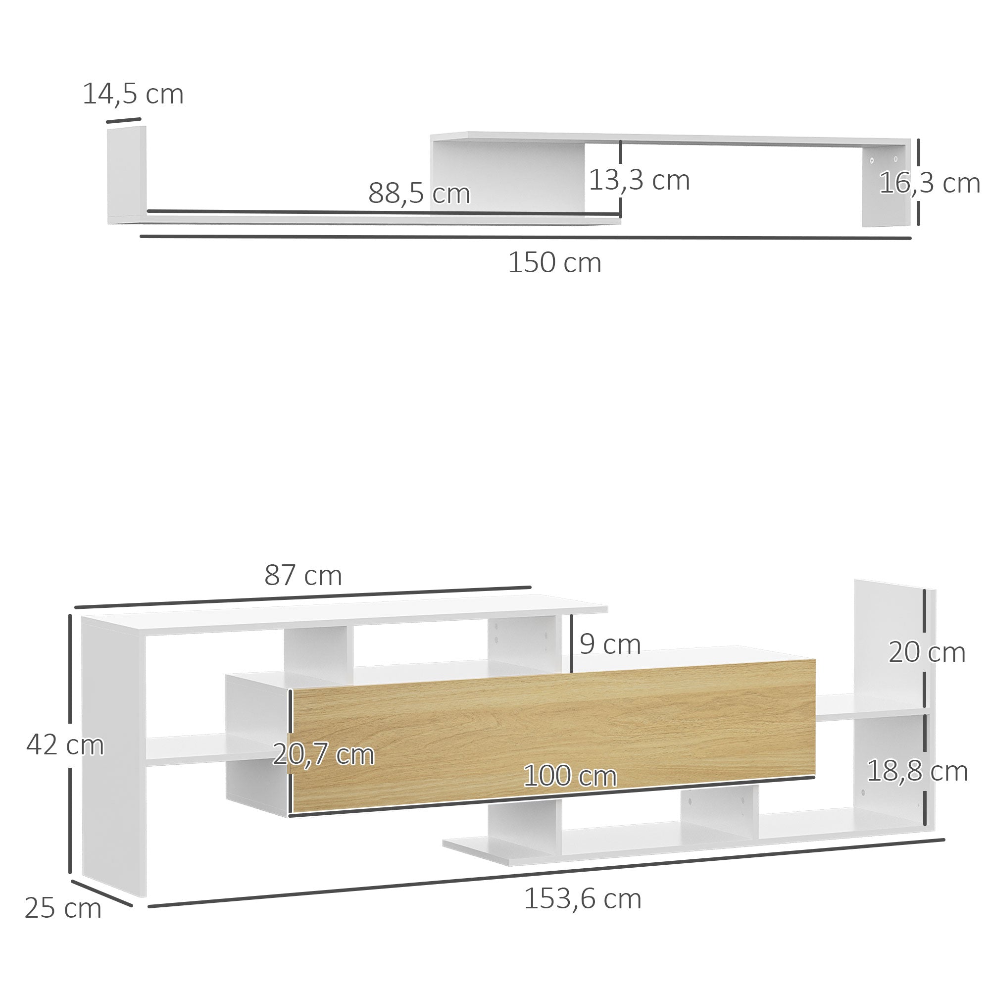 Living Room Furniture Set TV Stand for TVs up to 65" Wall Mounted or up to 40" Floor Standing with TV Table 153.6x25x42 cm and Wall Shelf 150x14.5x16.3 cm White and Natural