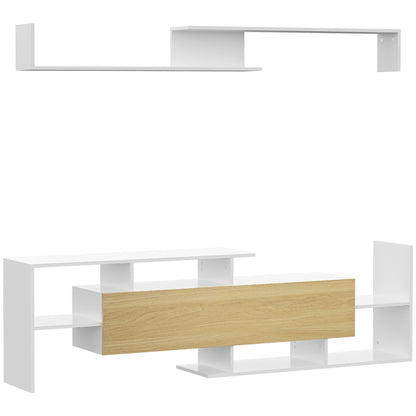 Living Room Furniture Set TV Stand for TVs up to 65" Wall Mounted or up to 40" Floor Standing with TV Table 153.6x25x42 cm and Wall Shelf 150x14.5x16.3 cm White and Natural