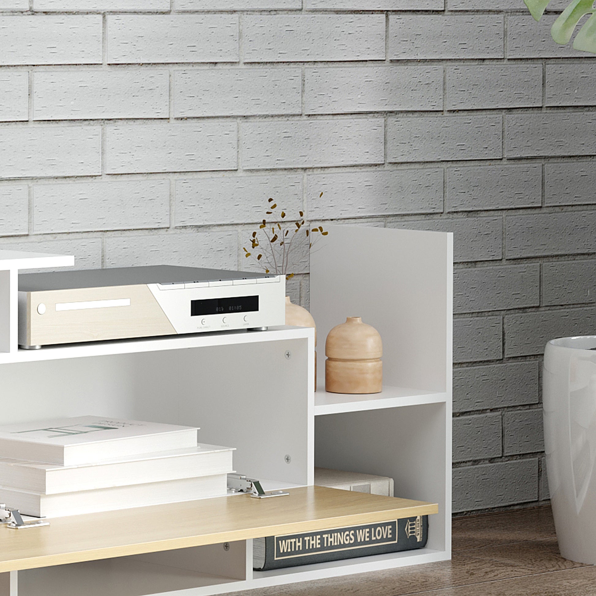 Living Room Furniture Set TV Stand for TVs up to 65" Wall Mounted or up to 40" Floor Standing with TV Table 153.6x25x42 cm and Wall Shelf 150x14.5x16.3 cm White and Natural