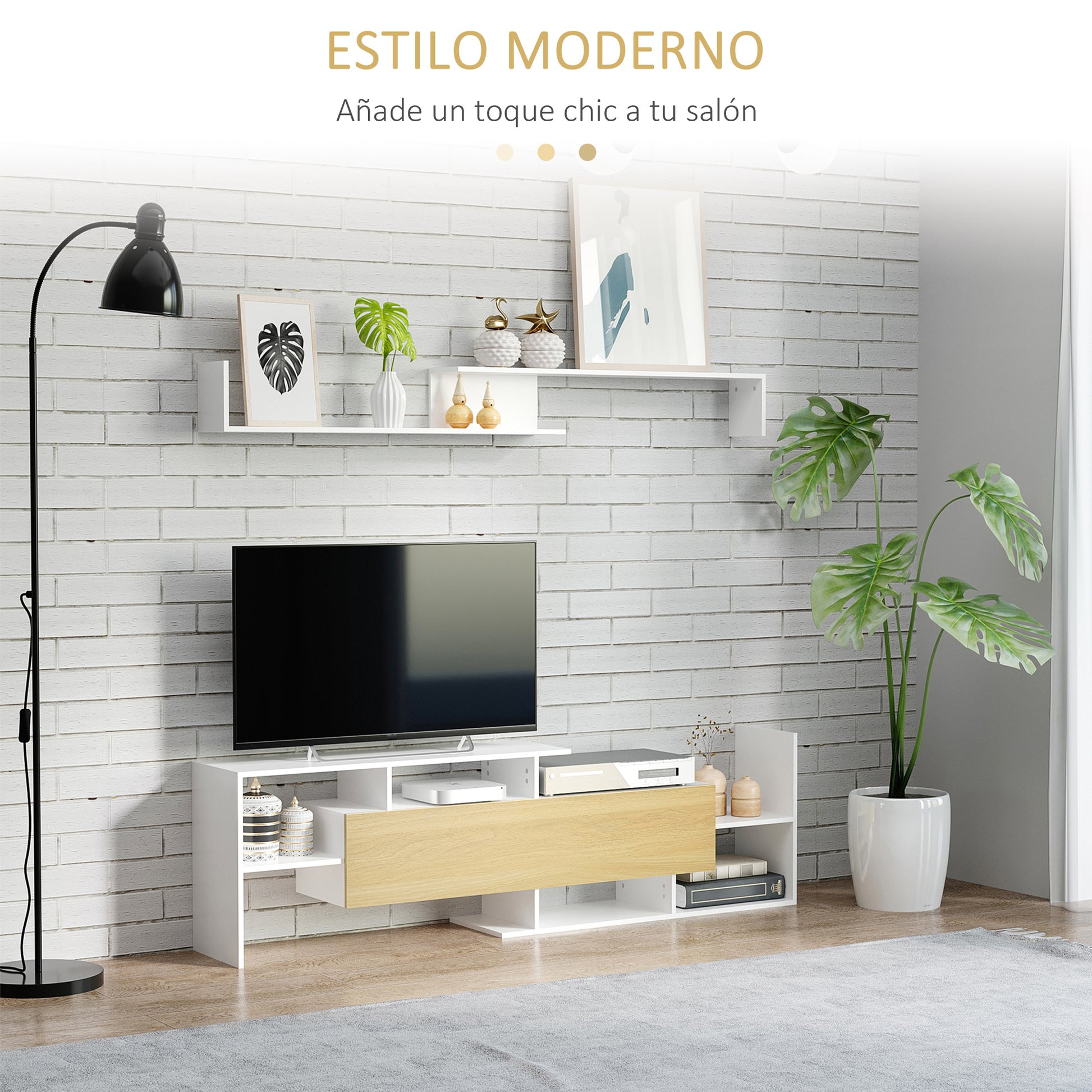 Living Room Furniture Set TV Stand for TVs up to 65" Wall Mounted or up to 40" Floor Standing with TV Table 153.6x25x42 cm and Wall Shelf 150x14.5x16.3 cm White and Natural