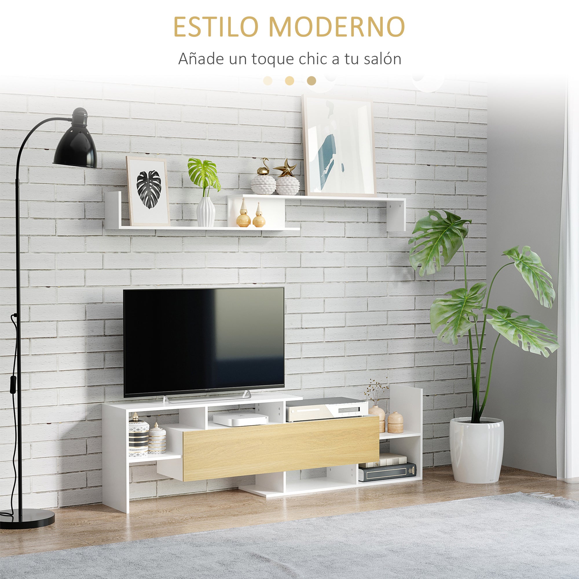 Living Room Furniture Set TV Stand for TVs up to 65" Wall Mounted or up to 40" Floor Standing with TV Table 153.6x25x42 cm and Wall Shelf 150x14.5x16.3 cm White and Natural