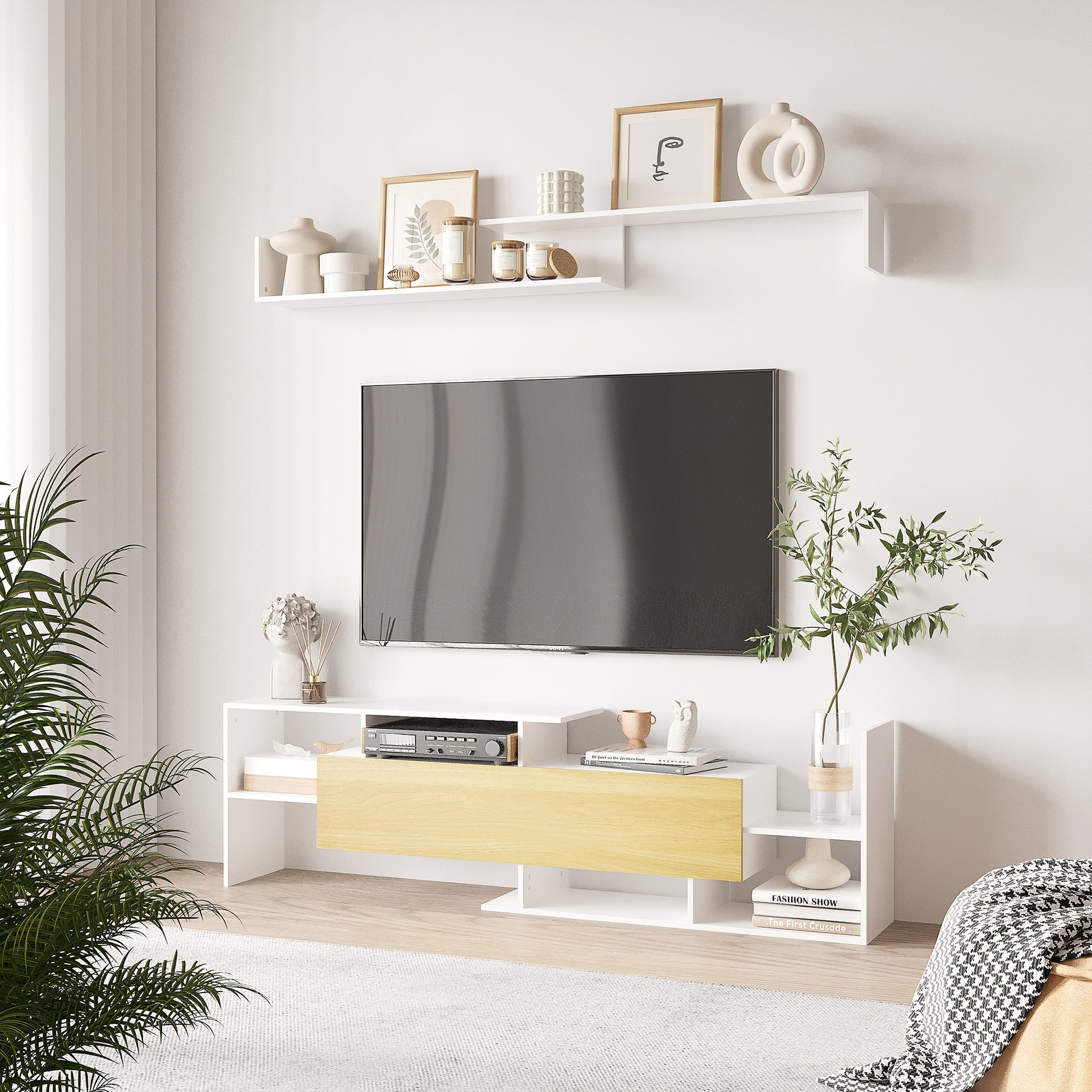 Living Room Furniture Set TV Stand for TVs up to 65" Wall Mounted or up to 40" Floor Standing with TV Table 153.6x25x42 cm and Wall Shelf 150x14.5x16.3 cm White and Natural