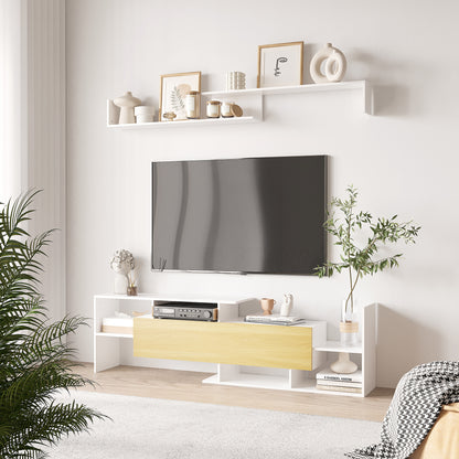 Living Room Furniture Set TV Stand for TVs up to 65" Wall Mounted or up to 40" Floor Standing with TV Table 153.6x25x42 cm and Wall Shelf 150x14.5x16.3 cm White and Natural