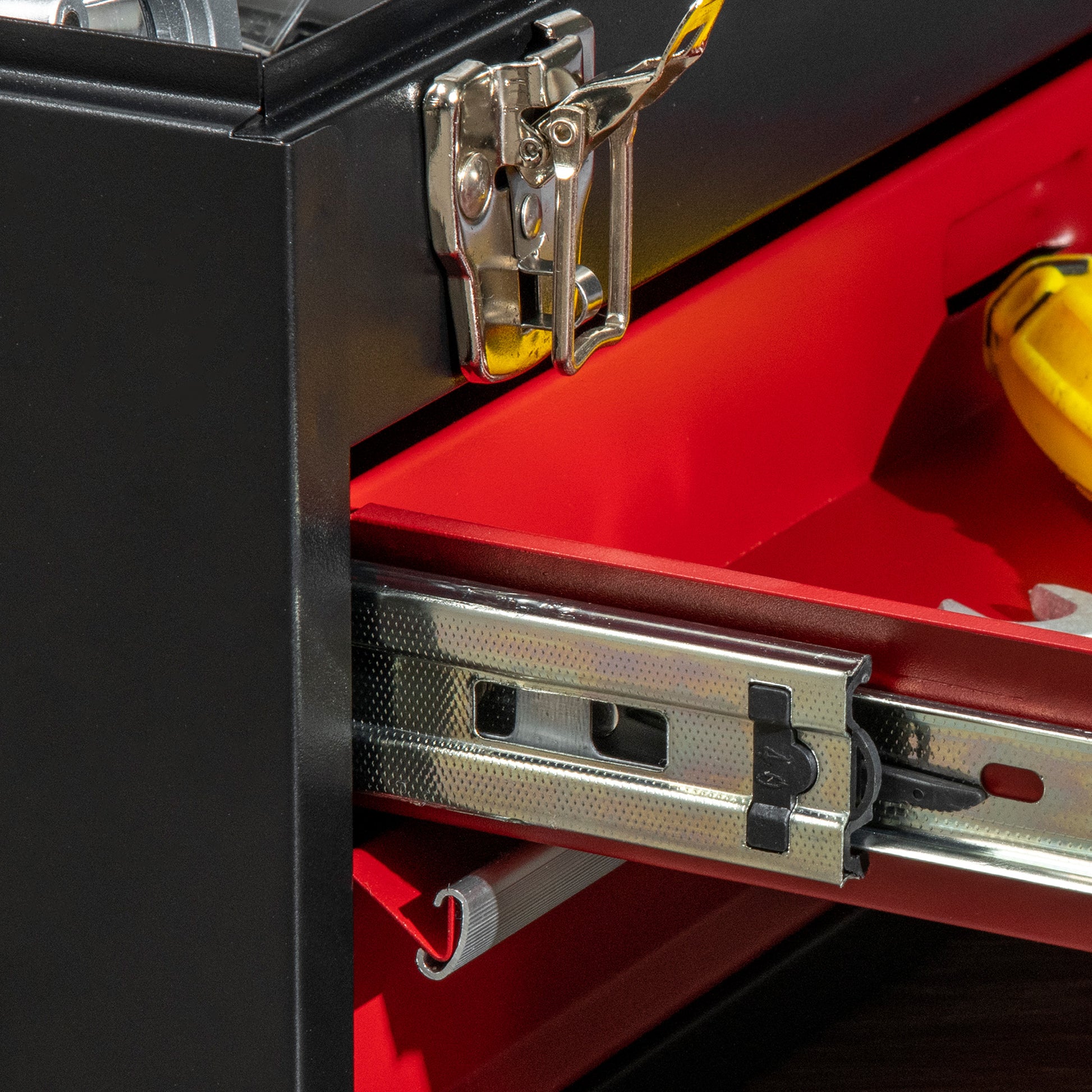 Empty Tool Case, 46 x 24 x 22 cm Tool Box with 2 Drawers, Upper Storage Compartment, Handle, Tool Chest with 2 Locks, Made of Steel, Black+Red