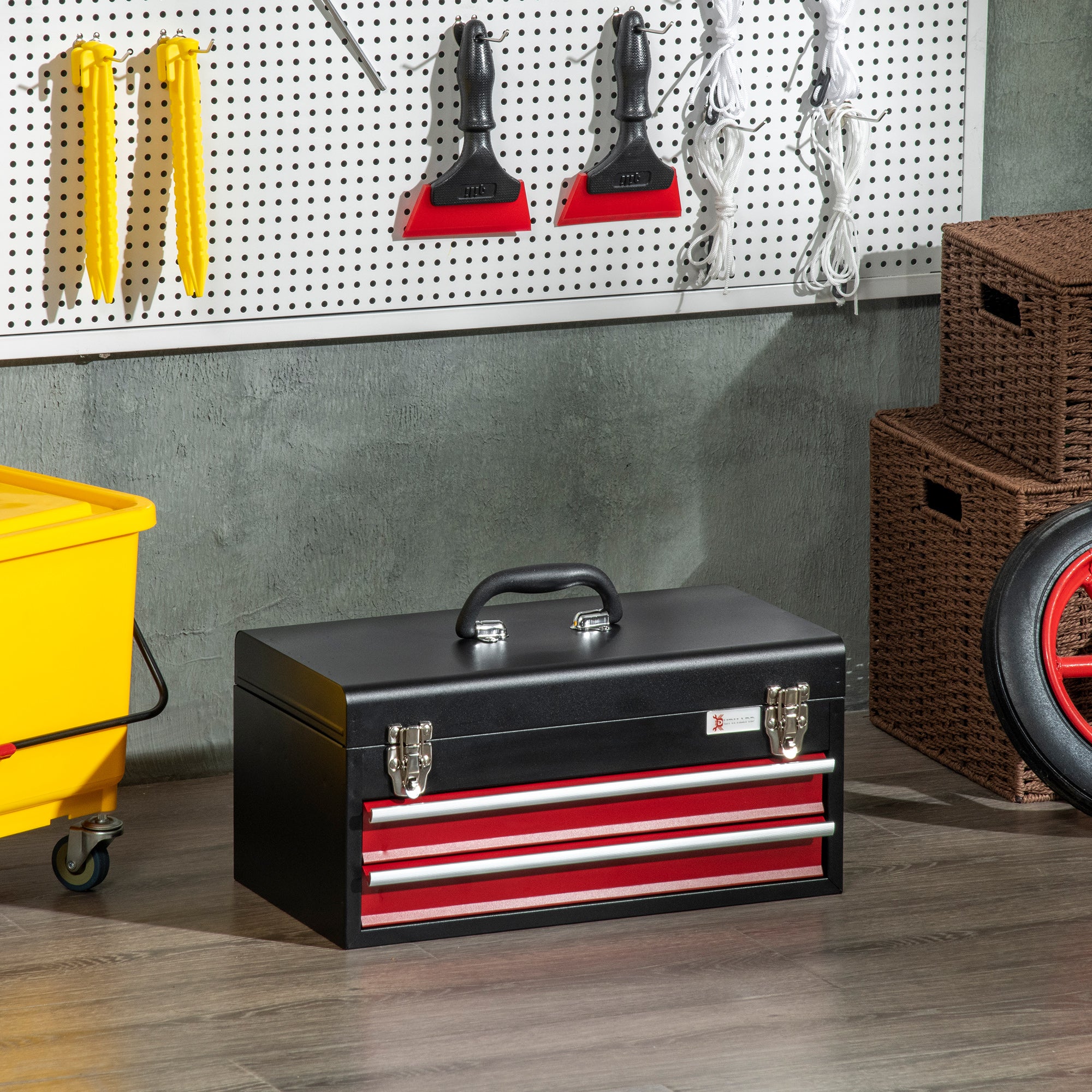 Empty Tool Case, 46 x 24 x 22 cm Tool Box with 2 Drawers, Upper Storage Compartment, Handle, Tool Chest with 2 Locks, Made of Steel, Black+Red