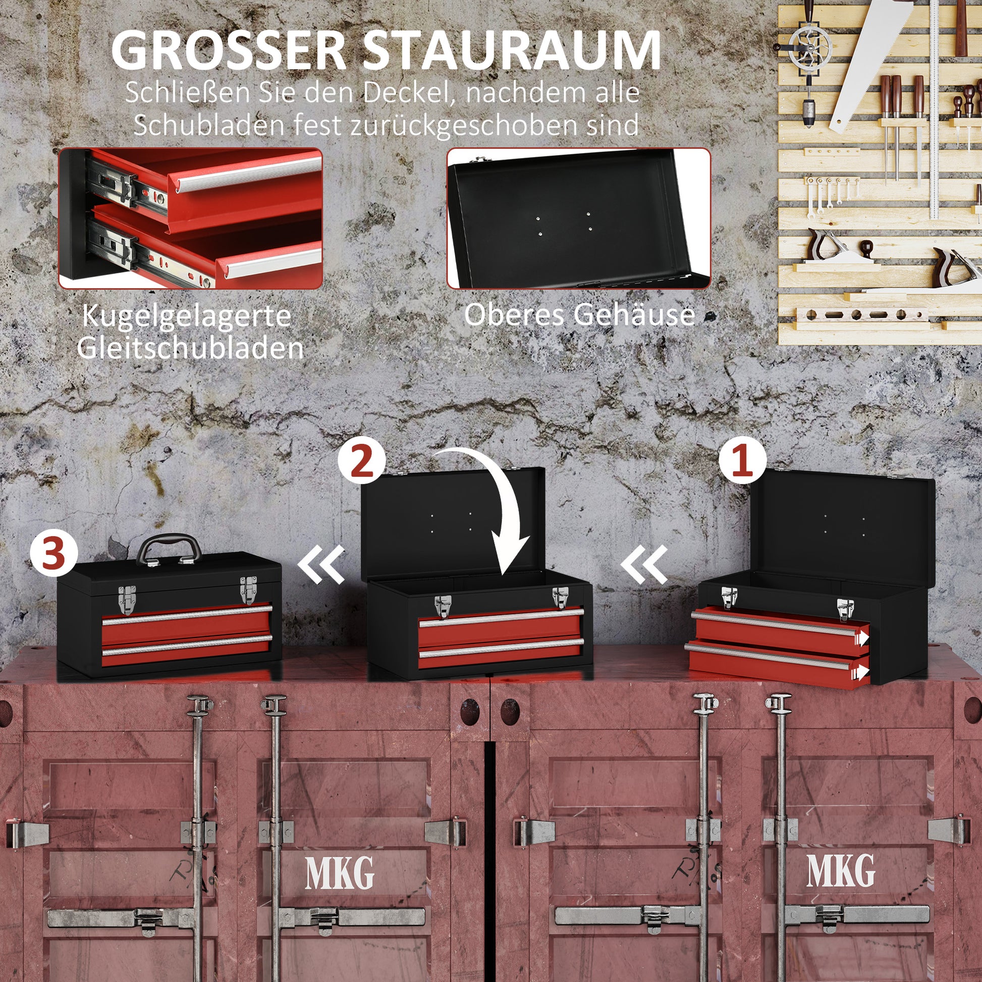 Empty Tool Case, 46 x 24 x 22 cm Tool Box with 2 Drawers, Upper Storage Compartment, Handle, Tool Chest with 2 Locks, Made of Steel, Black+Red