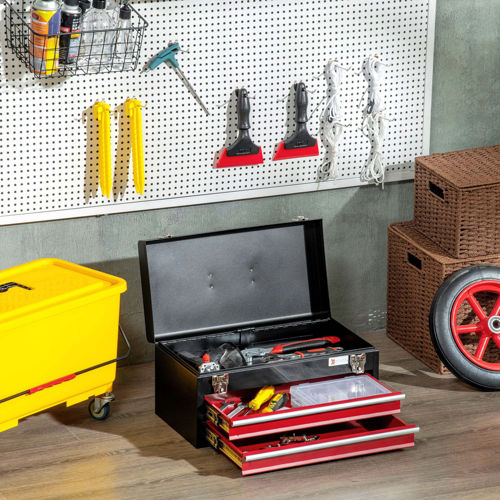 Empty Tool Case, 46 x 24 x 22 cm Tool Box with 2 Drawers, Upper Storage Compartment, Handle, Tool Chest with 2 Locks, Made of Steel, Black+Red