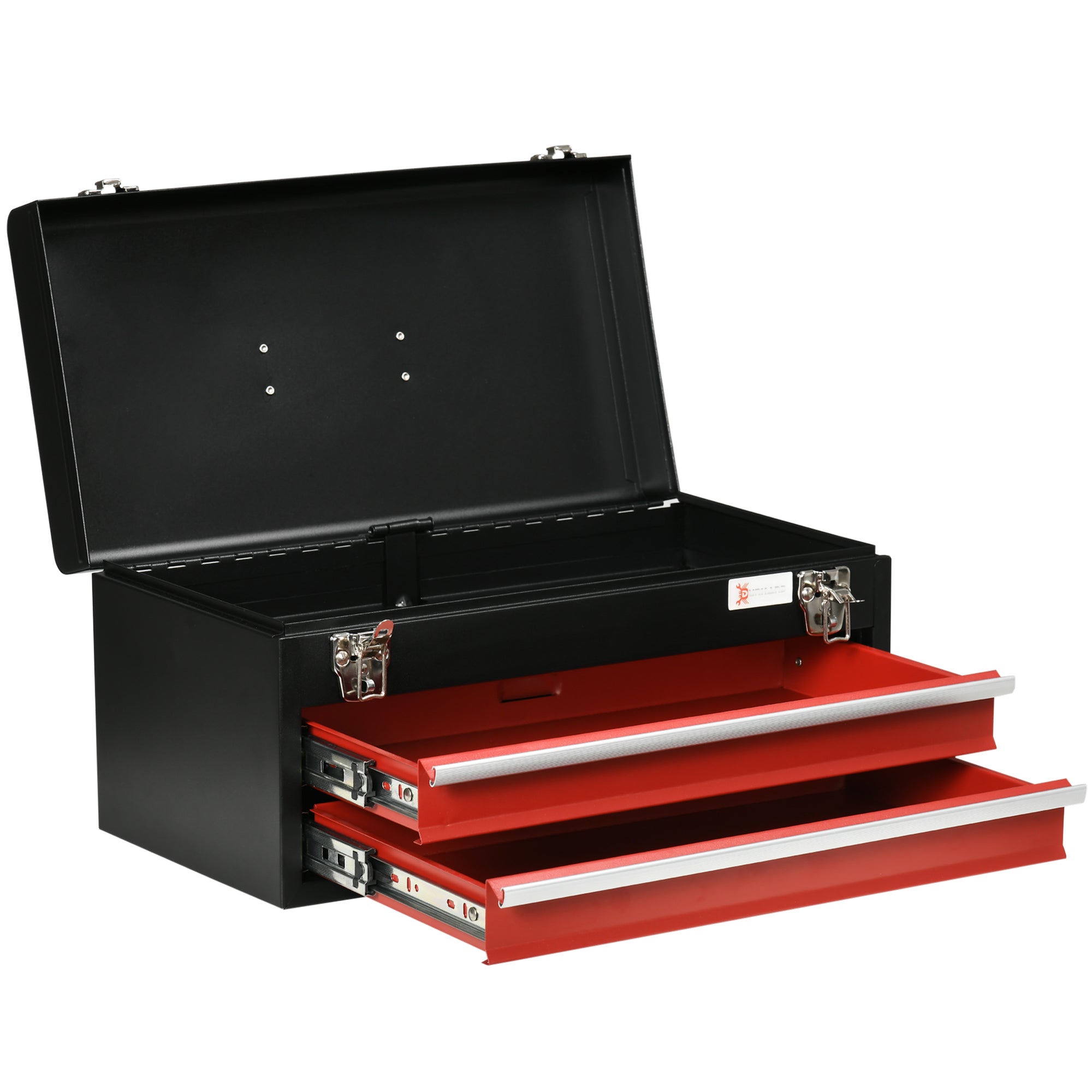 Empty Tool Case, 46 x 24 x 22 cm Tool Box with 2 Drawers, Upper Storage Compartment, Handle, Tool Chest with 2 Locks, Made of Steel, Black+Red
