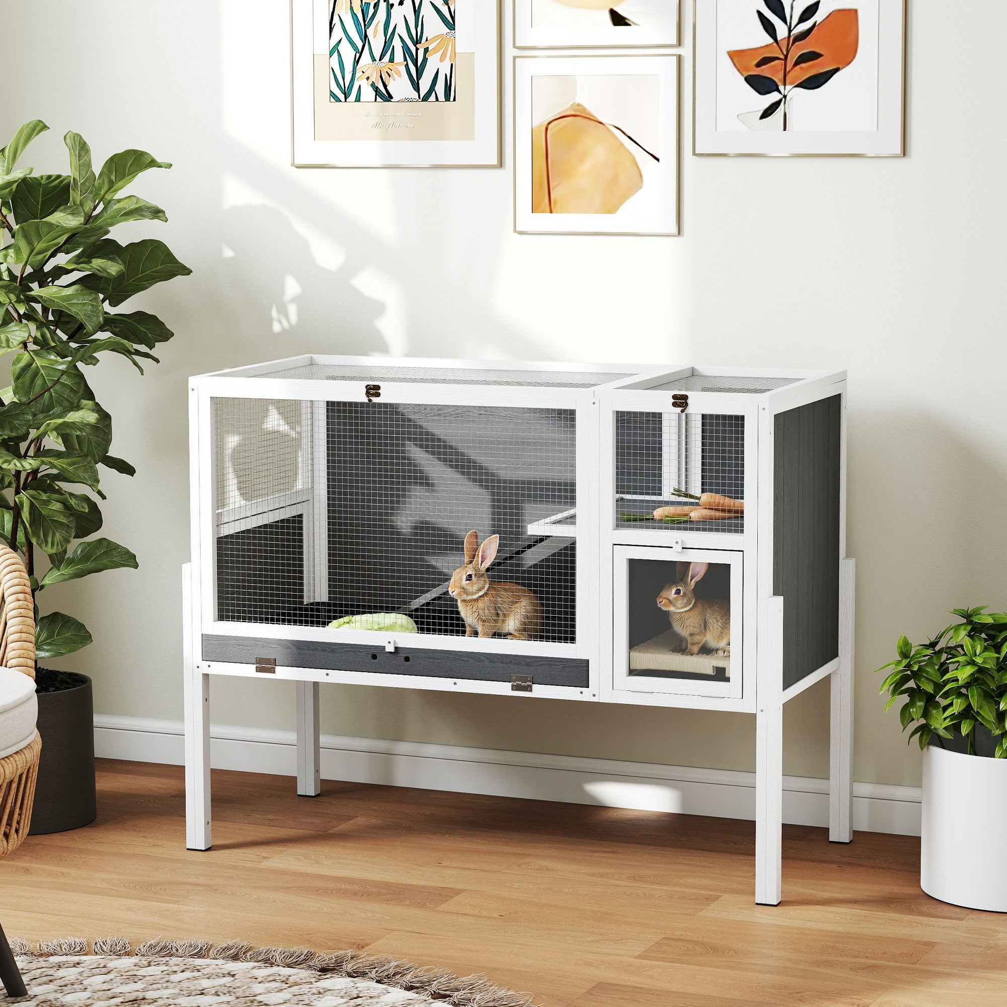 Convertible Wooden Rabbit Hutch with Ramp, 120 x 53 x 93 cm (47.2 x 20.9 x 36.6 in) – Indoor Small Pet Hutch with Nesting Area, Removable Tray, White & Gray