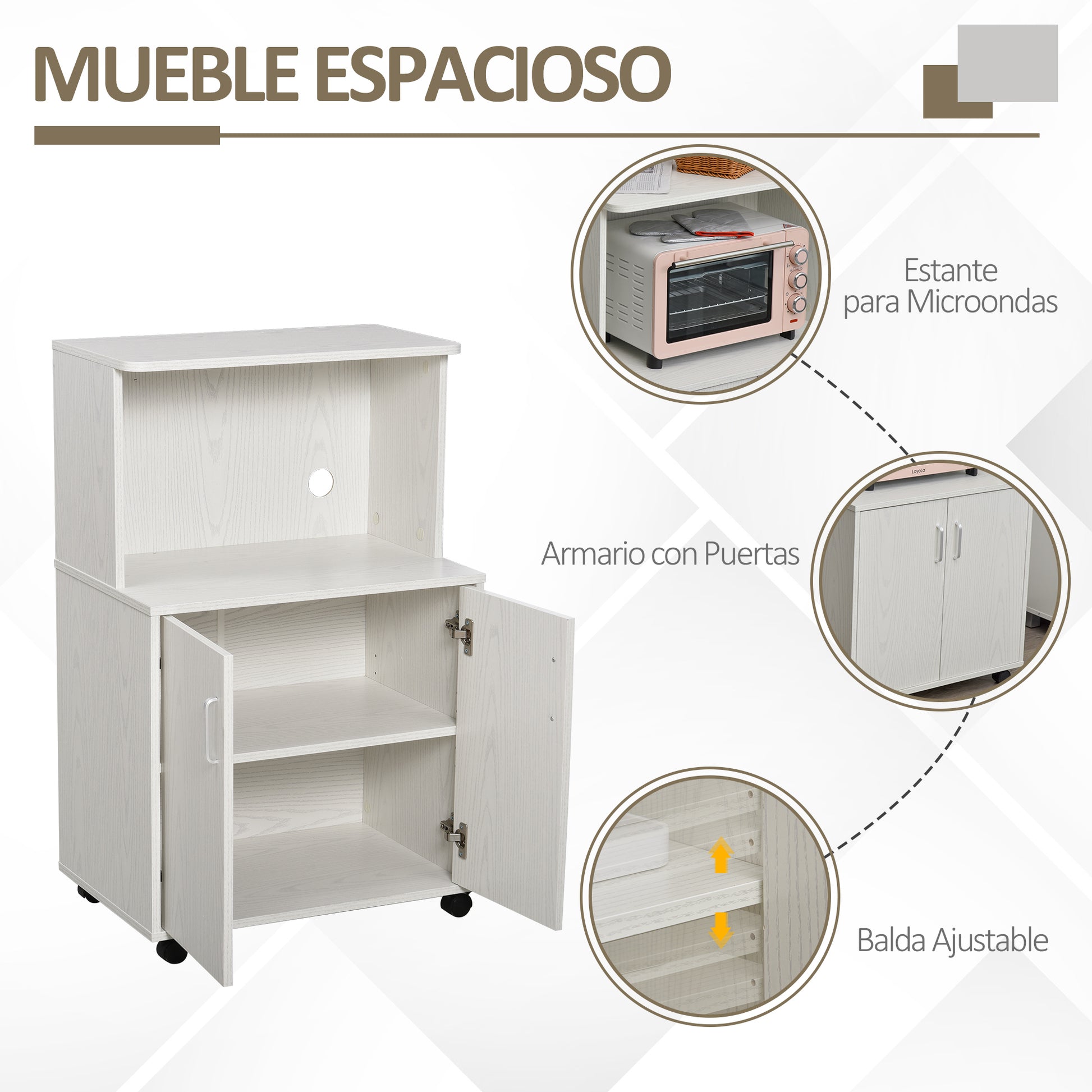 Microwave Sideboard Kitchen Cabinet with 2 Doors and Adjustable Shelf with Wheels Load 70 kg 60.4x40.3x97 cm White