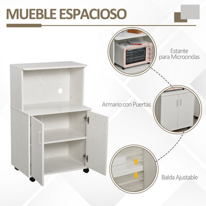 Microwave Sideboard Kitchen Cabinet with 2 Doors and Adjustable Shelf with Wheels Load 70 kg 60.4x40.3x97 cm White