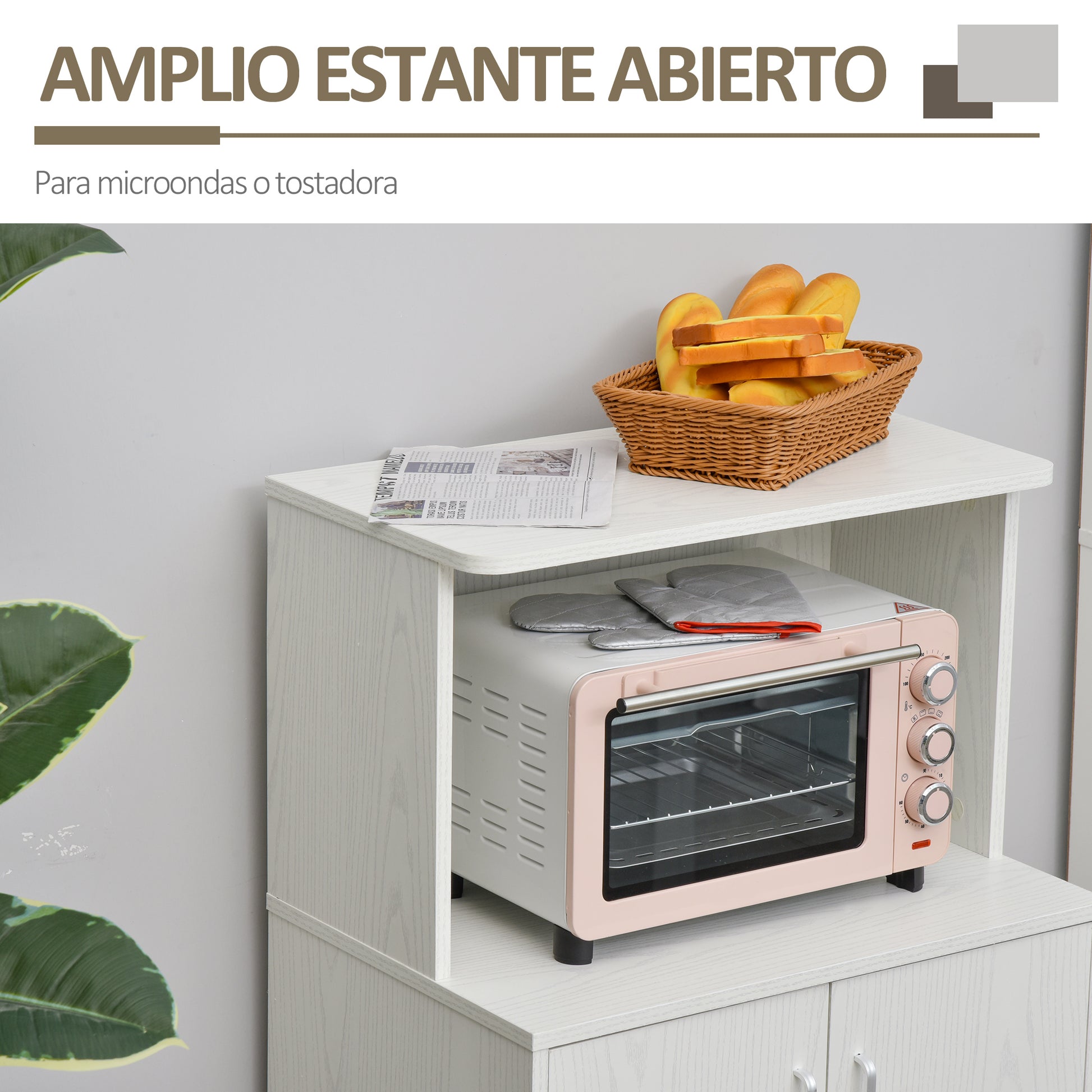 Microwave Sideboard Kitchen Cabinet with 2 Doors and Adjustable Shelf with Wheels Load 70 kg 60.4x40.3x97 cm White