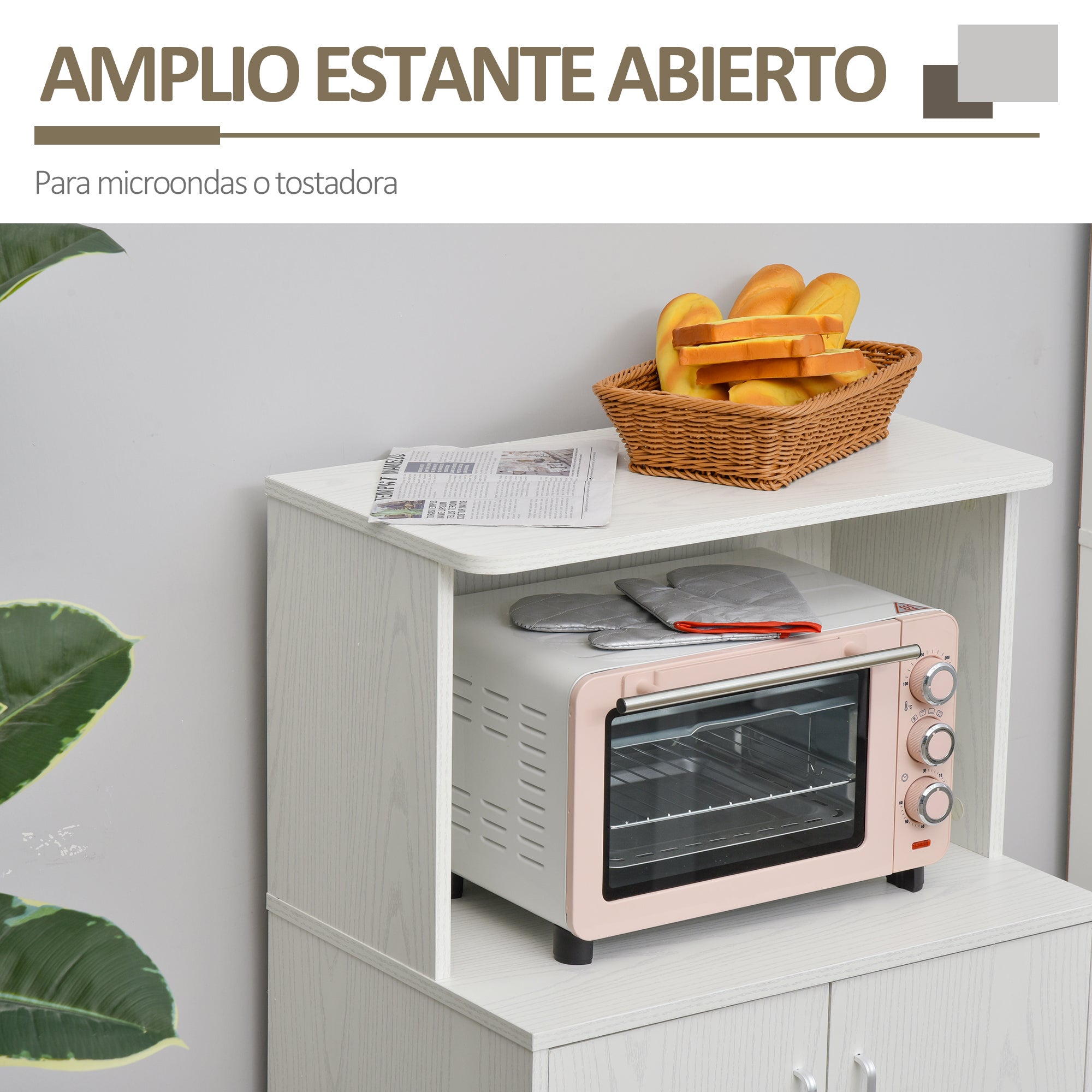 Microwave Sideboard Kitchen Cabinet with 2 Doors and Adjustable Shelf with Wheels Load 70 kg 60.4x40.3x97 cm White