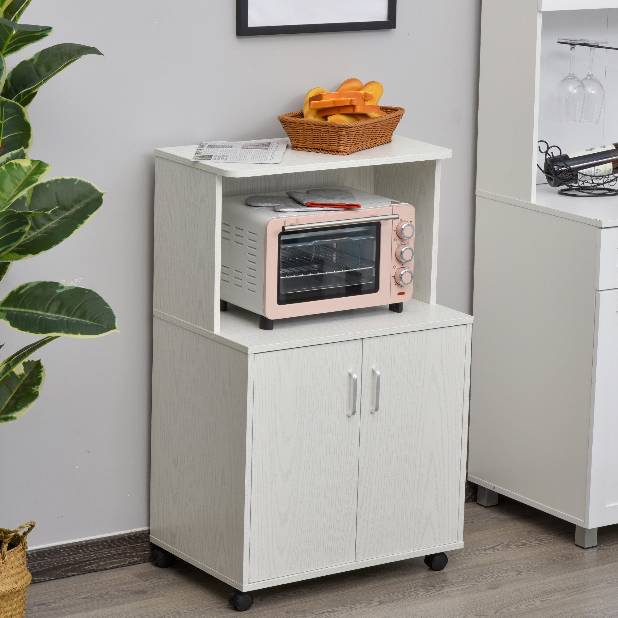 Microwave Sideboard Kitchen Cabinet with 2 Doors and Adjustable Shelf with Wheels Load 70 kg 60.4x40.3x97 cm White