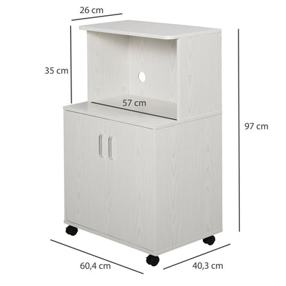 Microwave Sideboard Kitchen Cabinet with 2 Doors and Adjustable Shelf with Wheels Load 70 kg 60.4x40.3x97 cm White
