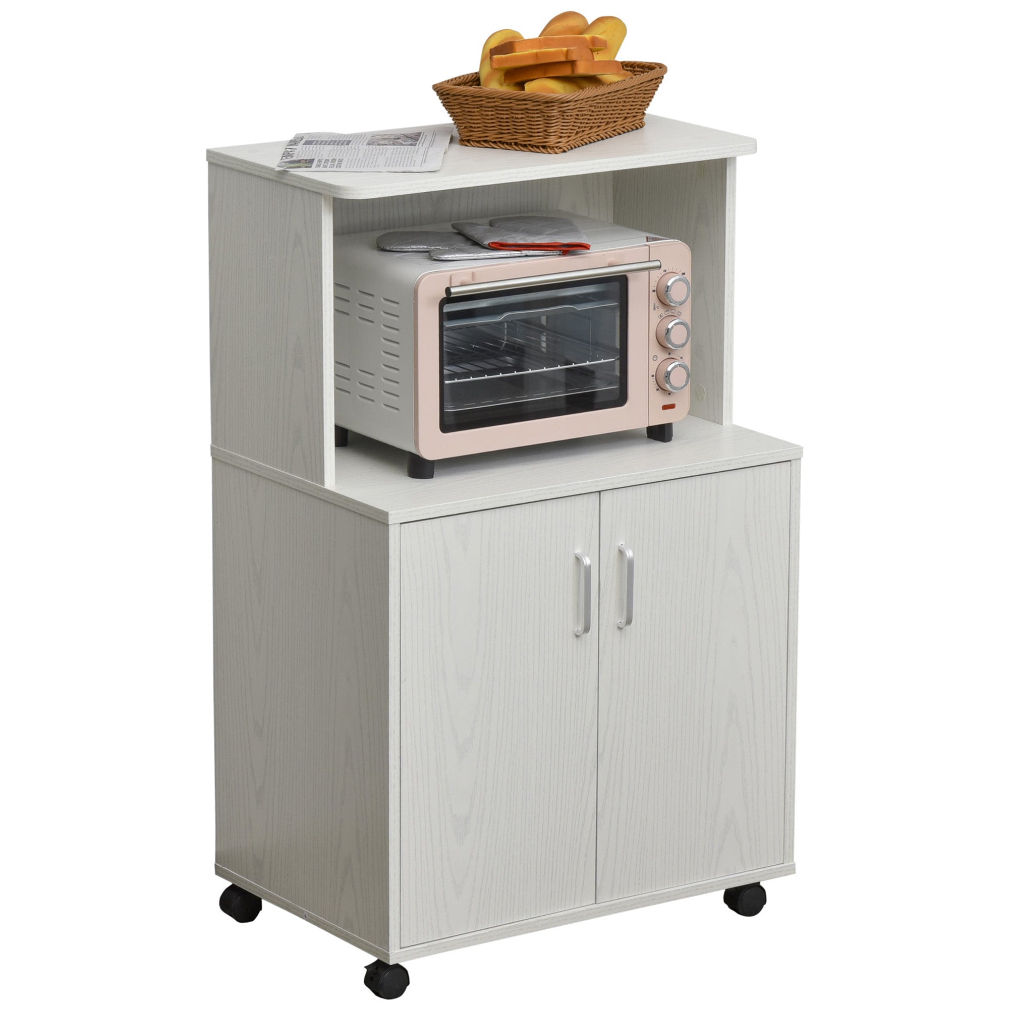 Microwave Sideboard Kitchen Cabinet with 2 Doors and Adjustable Shelf with Wheels Load 70 kg 60.4x40.3x97 cm White
