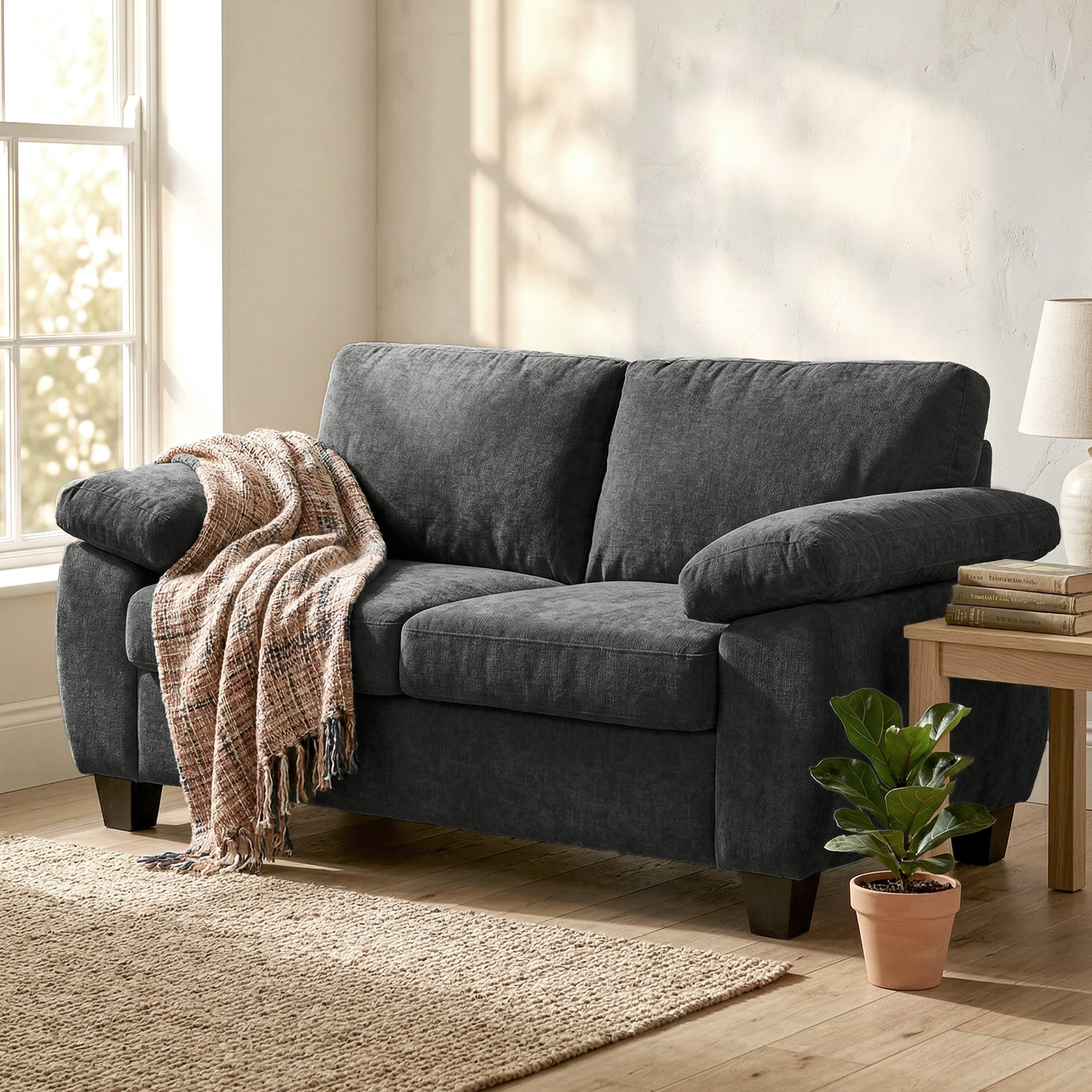 2-Seater Chenille Sofa, Compact 61.4" Fabric Couch with Thick Pocket-Spring Cushion & Wide Padded Arms – Dark Gray