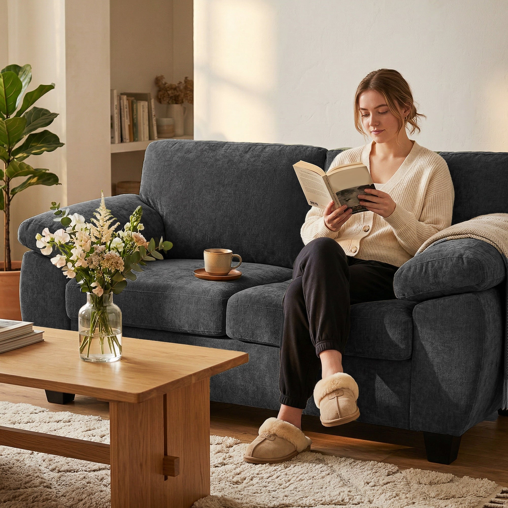 2-Seater Chenille Sofa, Compact 61.4" Fabric Couch with Thick Pocket-Spring Cushion & Wide Padded Arms – Dark Gray