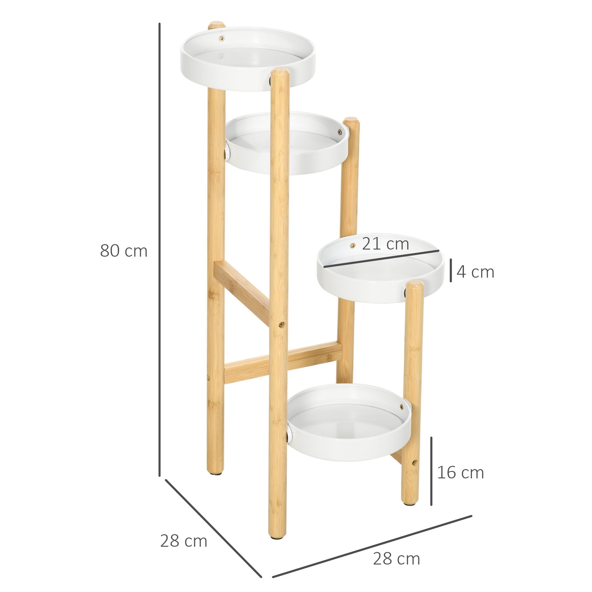 Bamboo Plant Stand Flower Stand with 4 Round Shelves Load 20 kg for Indoor and Outdoor Ø28x80 cm Natural and White