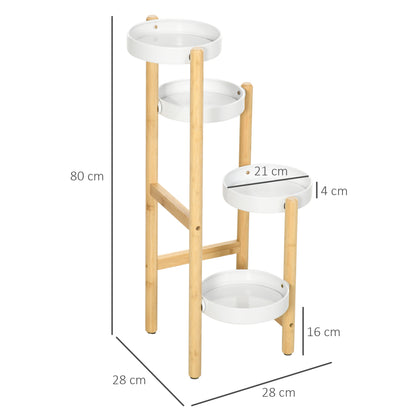 Bamboo Plant Stand Flower Stand with 4 Round Shelves Load 20 kg for Indoor and Outdoor Ø28x80 cm Natural and White