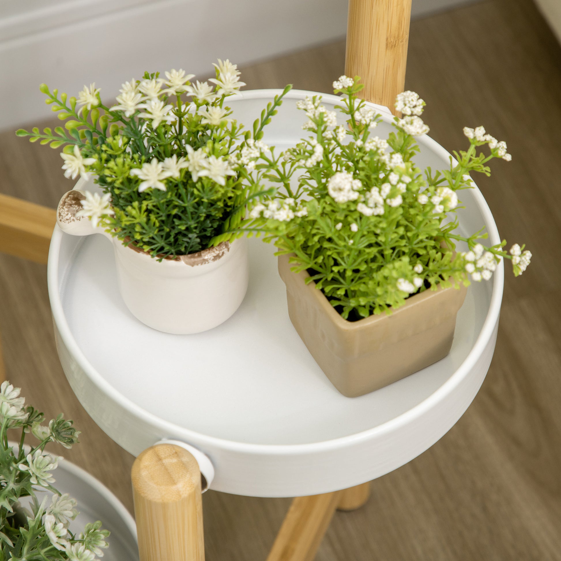 Bamboo Plant Stand Flower Stand with 4 Round Shelves Load 20 kg for Indoor and Outdoor Ø28x80 cm Natural and White