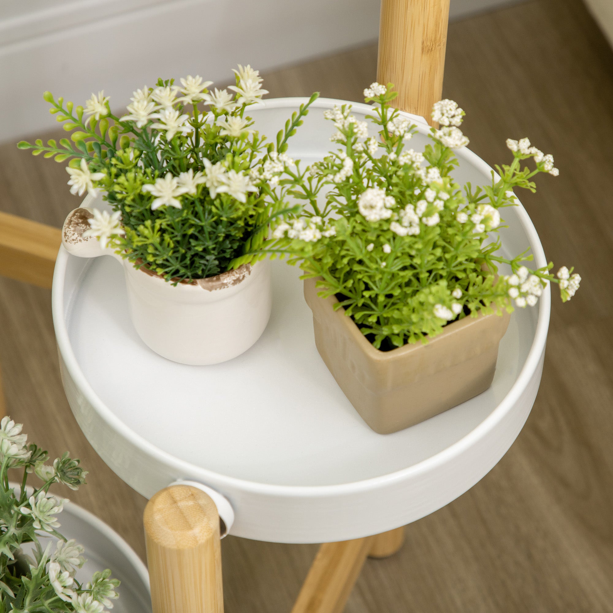 Bamboo Plant Stand Flower Stand with 4 Round Shelves Load 20 kg for Indoor and Outdoor Ø28x80 cm Natural and White