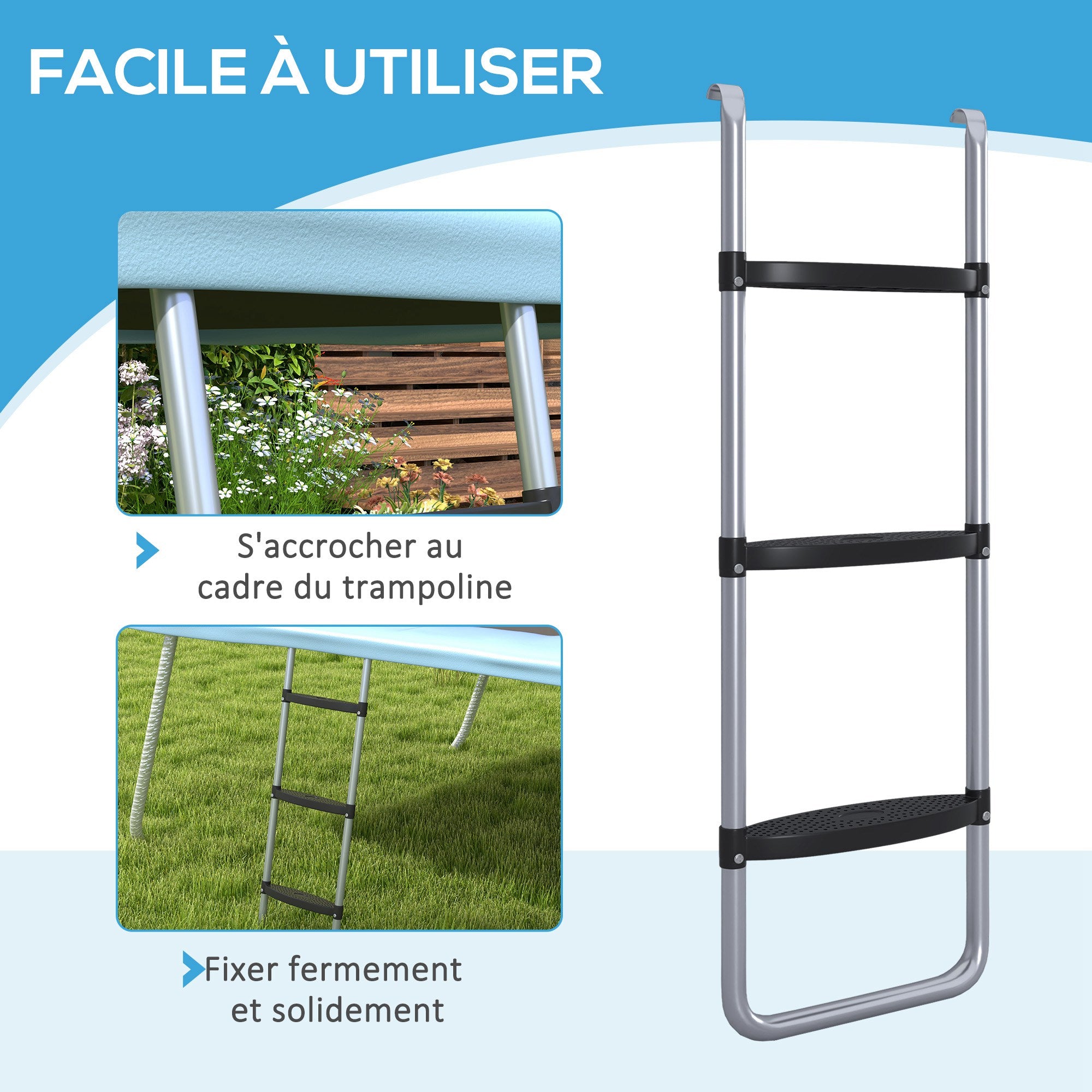 SPORTNOW Trampoline Ladder with 3 or 2 Steps, Wide Horizontal Steps, Universal Hook, 120 kg Capacity, 97 x 32 cm Silver