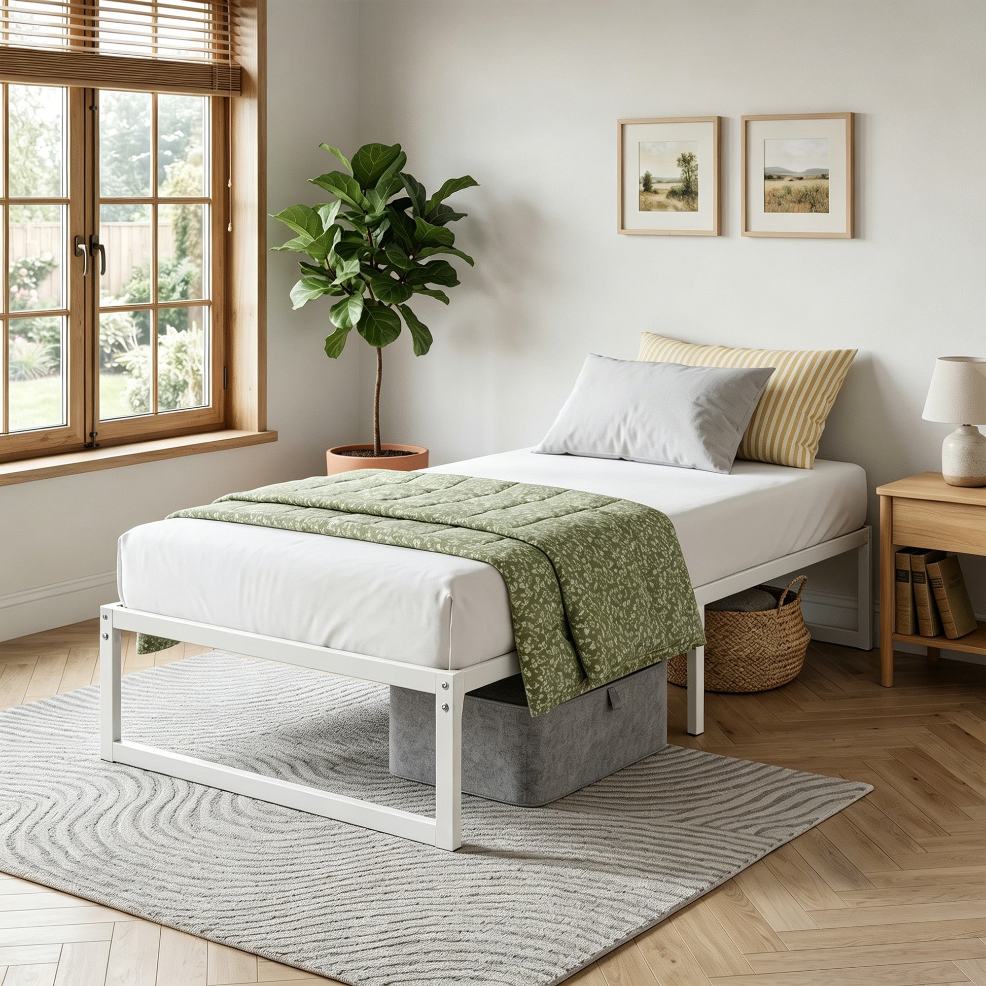 Metal Bed Frame with Under-Bed Storage, 12.8 in Profile, Steel Slats, Quiet & Easy Assembly – Fits 90 x 200 cm (35.4 x 78.7 in) Mattress, White