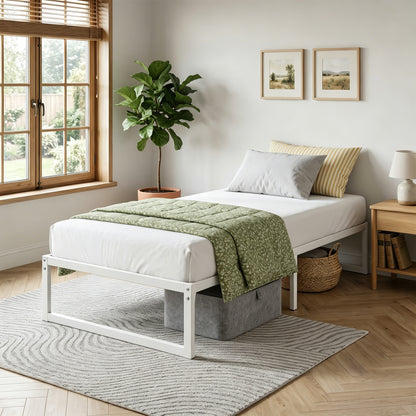 Metal Bed Frame with Under-Bed Storage, 12.8 in Profile, Steel Slats, Quiet & Easy Assembly – Fits 90 x 200 cm (35.4 x 78.7 in) Mattress, White