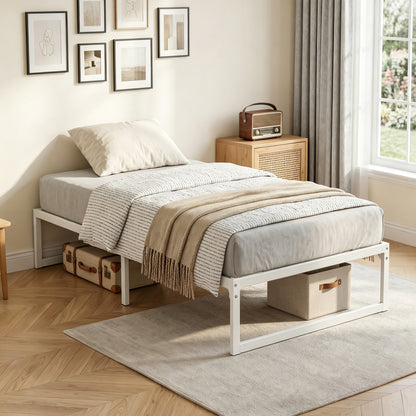 Metal Bed Frame with Under-Bed Storage, 12.8 in Profile, Steel Slats, Quiet & Easy Assembly – Fits 90 x 200 cm (35.4 x 78.7 in) Mattress, White