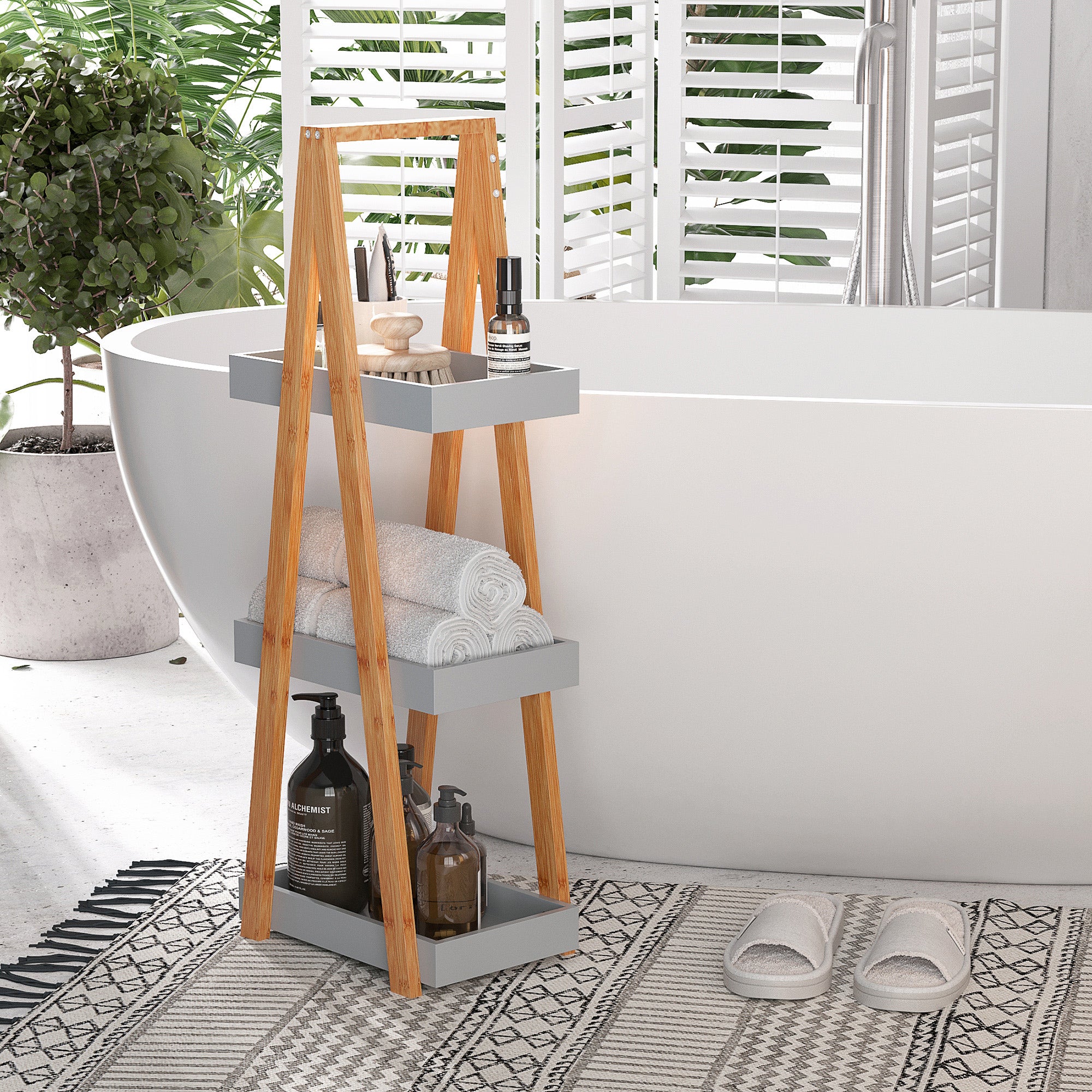 Bamboo Bathroom Shelf with 3 Shelves Storage Rack A-Frame Wooden Shelf 30x18x81 cm Natural and Gray