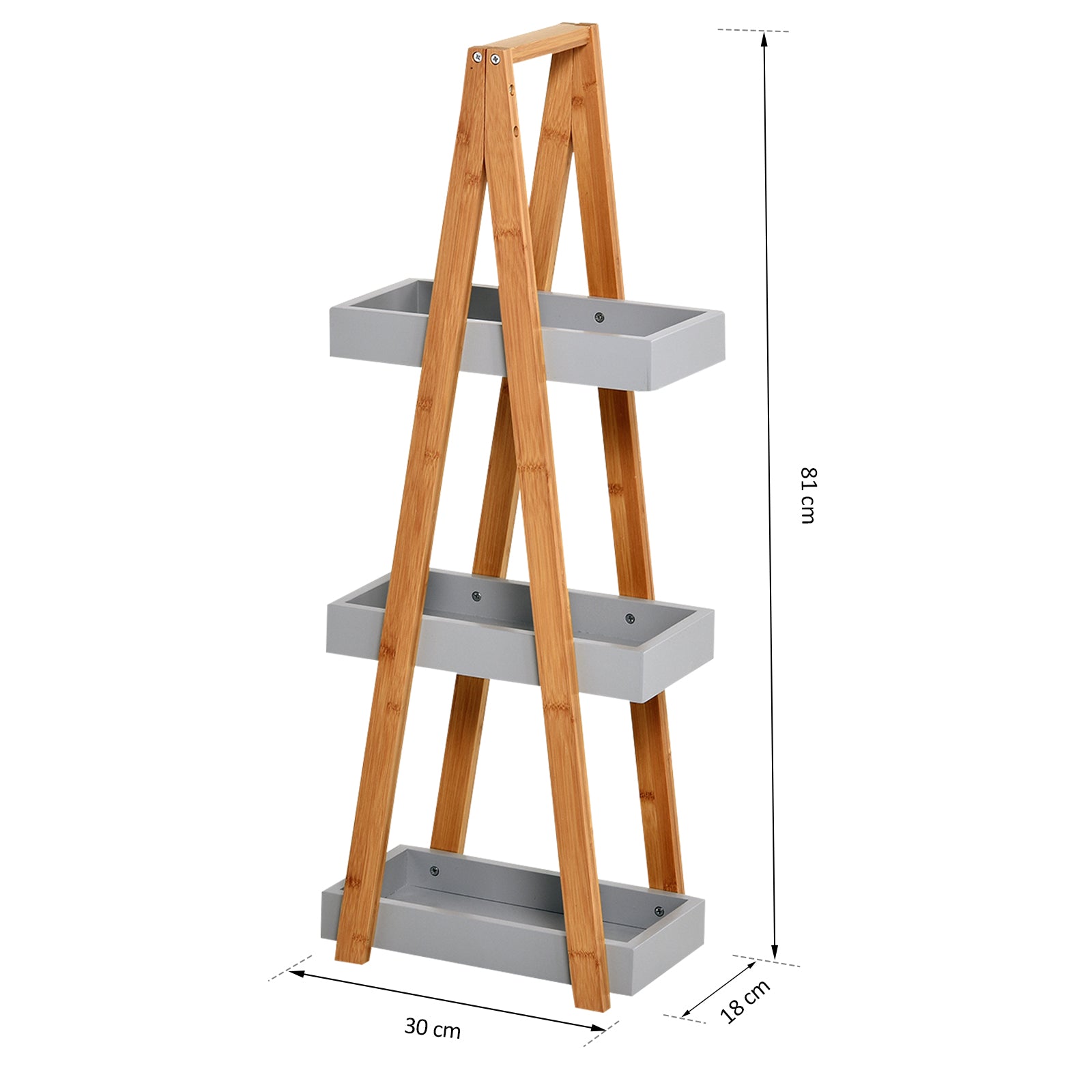 Bamboo Bathroom Shelf with 3 Shelves Storage Rack A-Frame Wooden Shelf 30x18x81 cm Natural and Gray