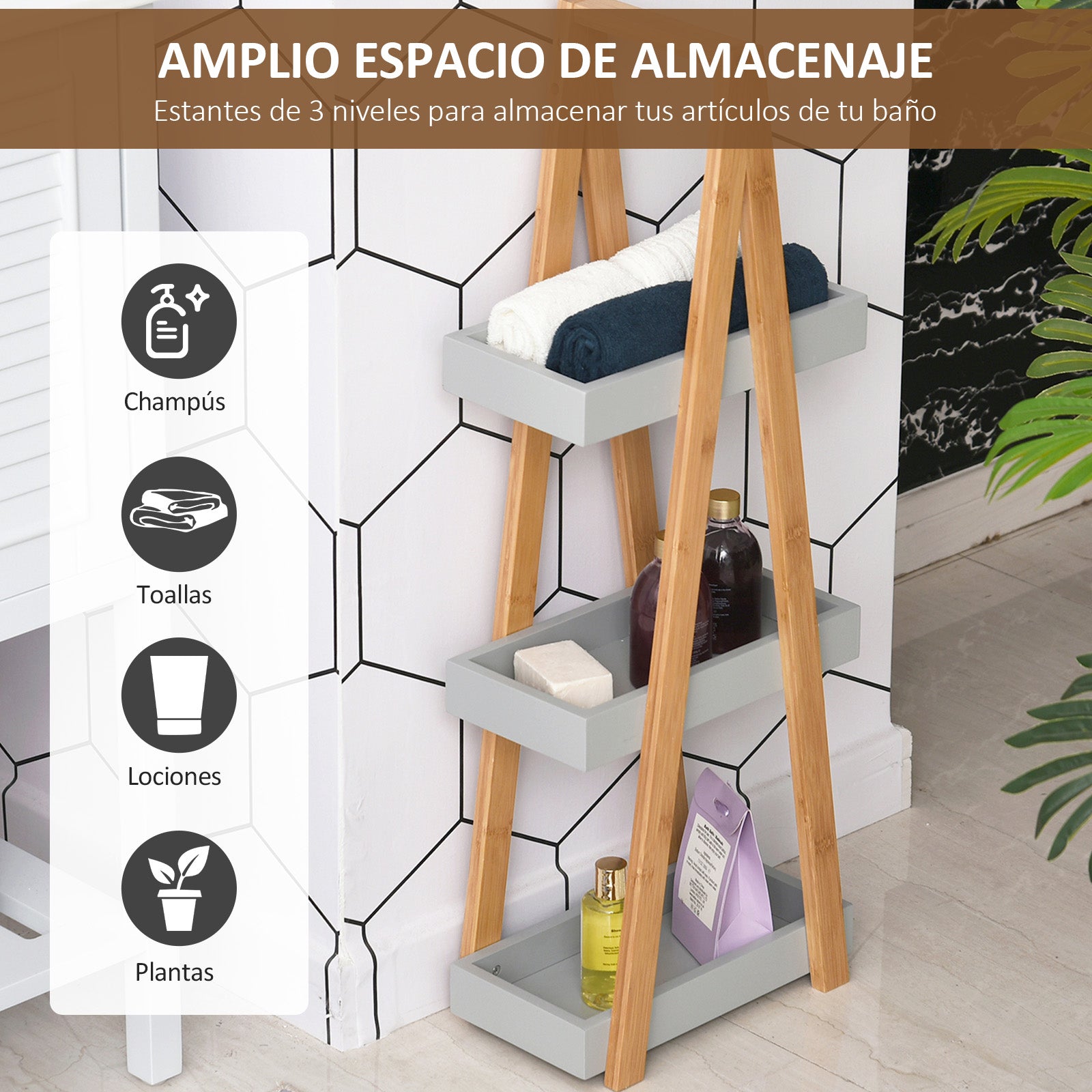 Bamboo Bathroom Shelf with 3 Shelves Storage Rack A-Frame Wooden Shelf 30x18x81 cm Natural and Gray