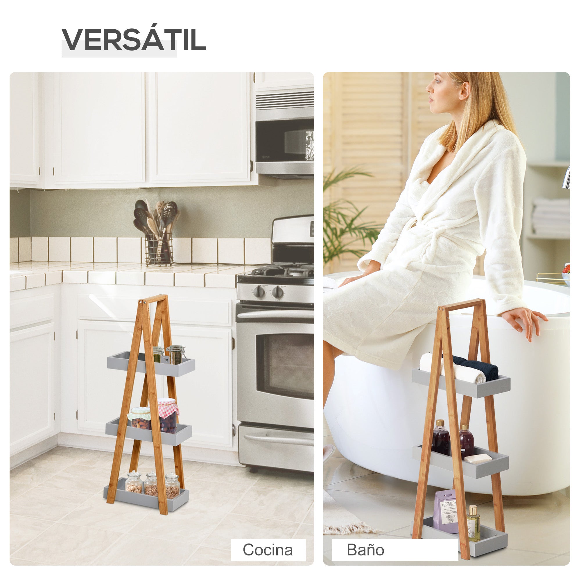 Bamboo Bathroom Shelf with 3 Shelves Storage Rack A-Frame Wooden Shelf 30x18x81 cm Natural and Gray