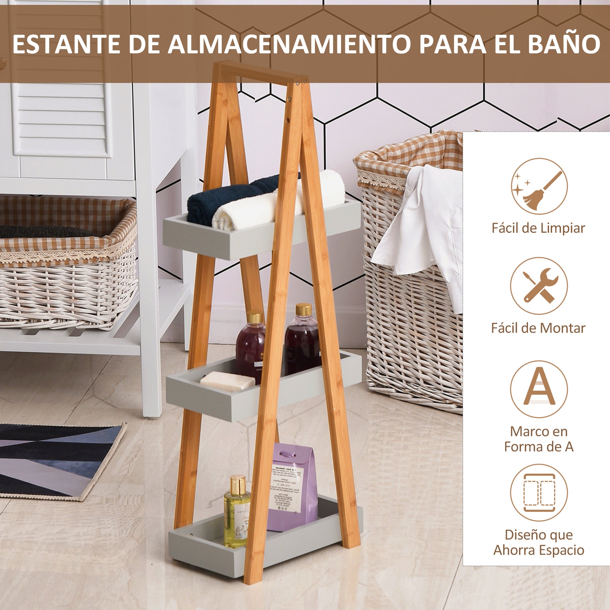 Bamboo Bathroom Shelf with 3 Shelves Storage Rack A-Frame Wooden Shelf 30x18x81 cm Natural and Gray