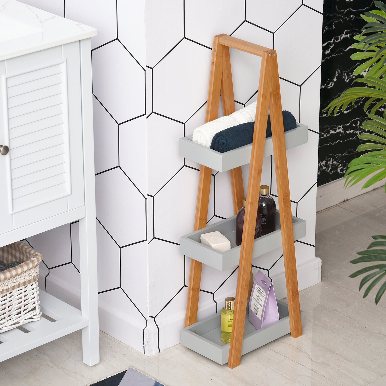 Bamboo Bathroom Shelf with 3 Shelves Storage Rack A-Frame Wooden Shelf 30x18x81 cm Natural and Gray