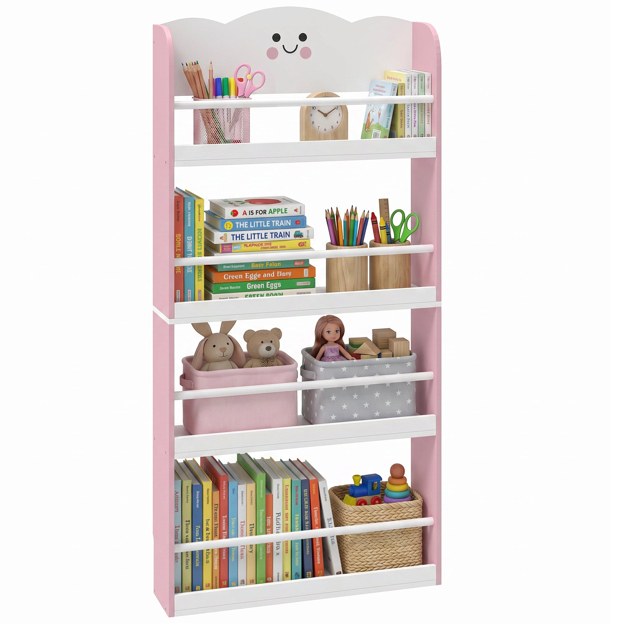 Wall-Mounted Kids Bookshelf, 4-Tier Pink Cotton Candy-Themed Storage Shelf for Playroom & Bedroom