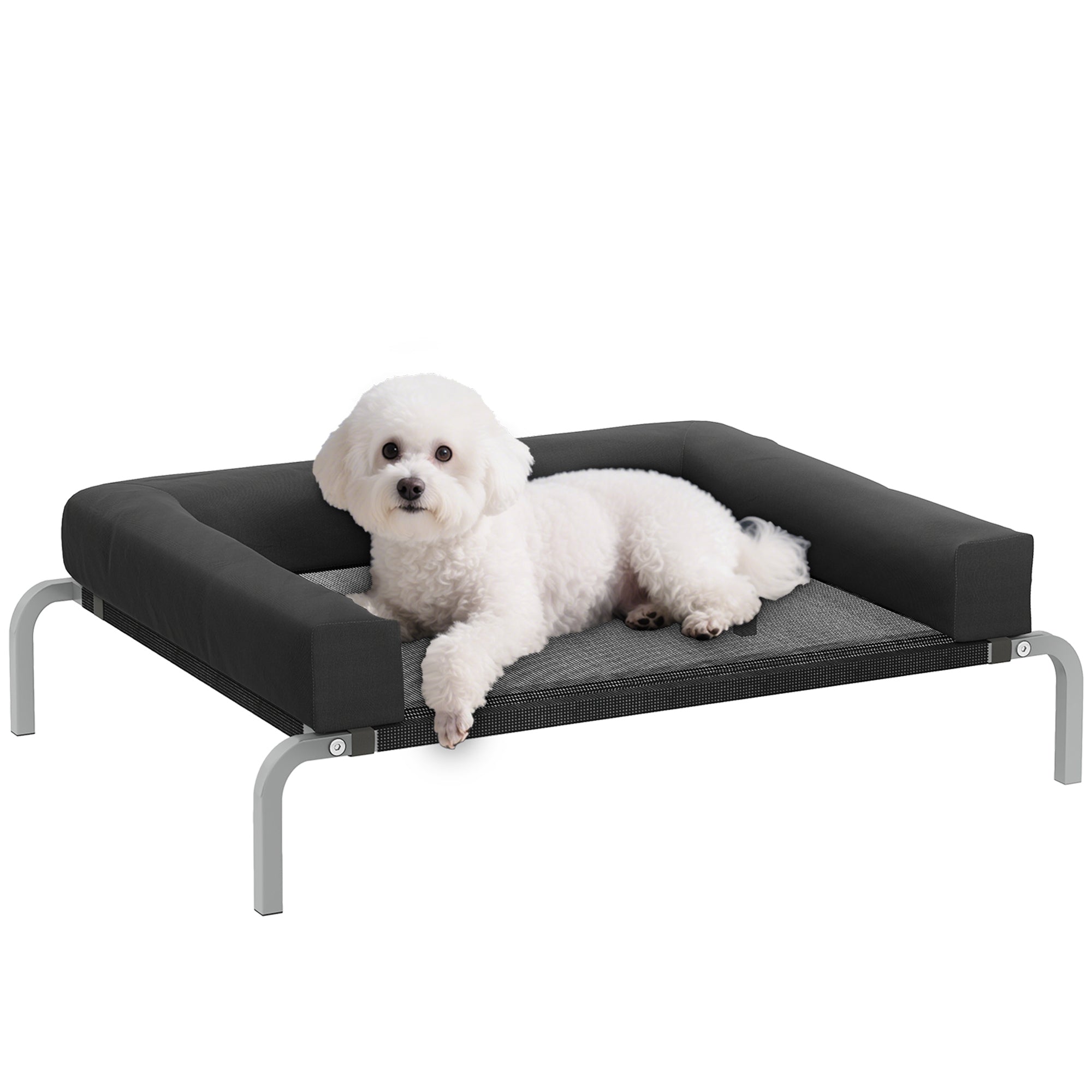 Cooling Elevated Dog Bed, Portable Indoor Outdoor Dog Cot with U-shaped Pillow, Breathable Mesh, Chew Resistant, 90 x 65 x 30 cm, Black