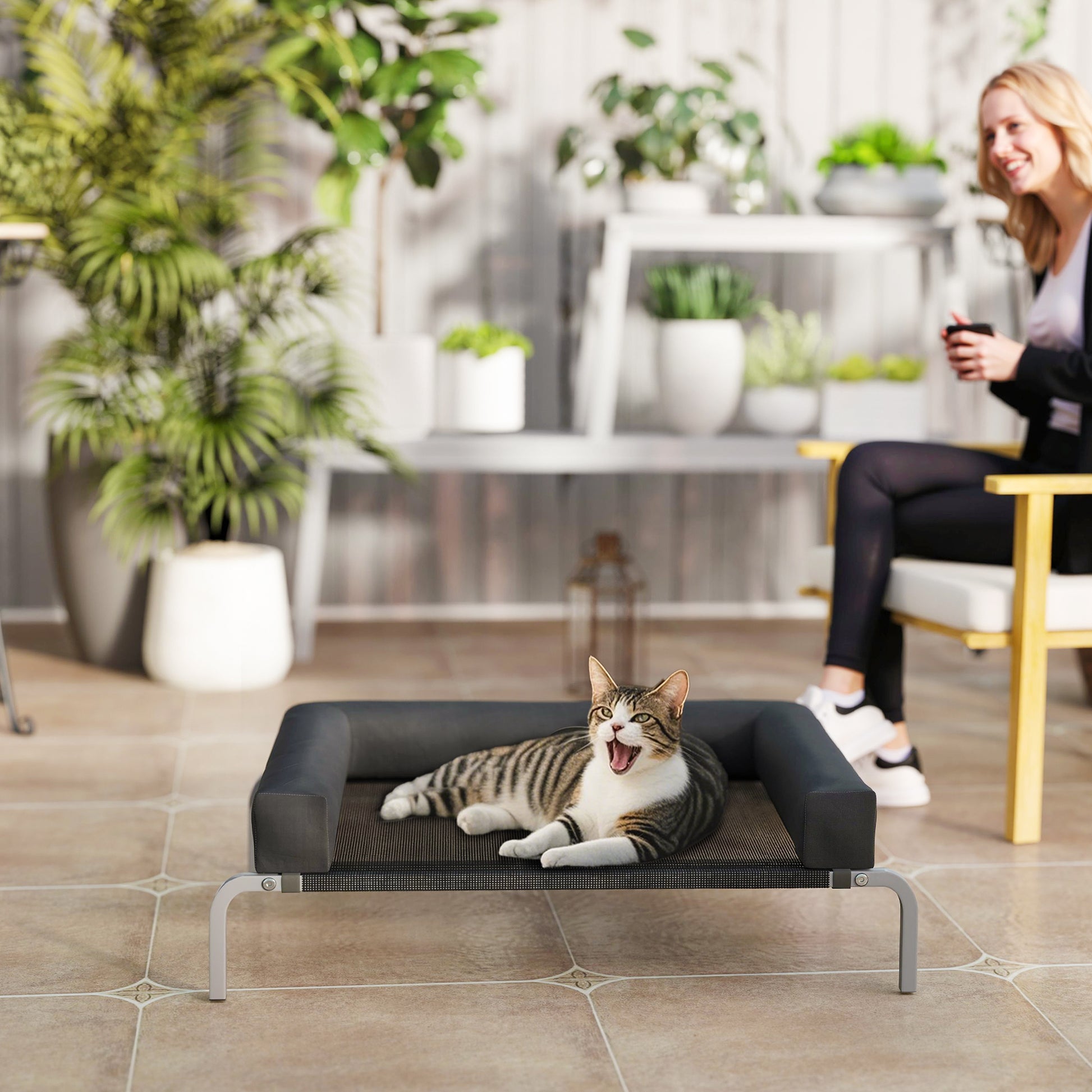 Cooling Elevated Dog Bed, Portable Indoor Outdoor Dog Cot with U-shaped Pillow, Breathable Mesh, Chew Resistant, 90 x 65 x 30 cm, Black
