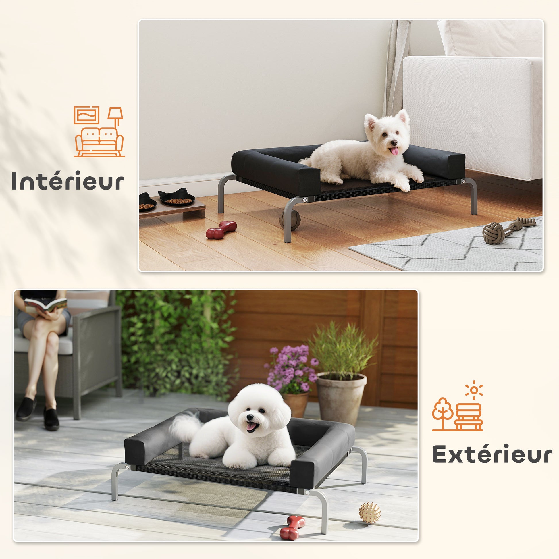 Cooling Elevated Dog Bed, Portable Indoor Outdoor Dog Cot with U-shaped Pillow, Breathable Mesh, Chew Resistant, 90 x 65 x 30 cm, Black