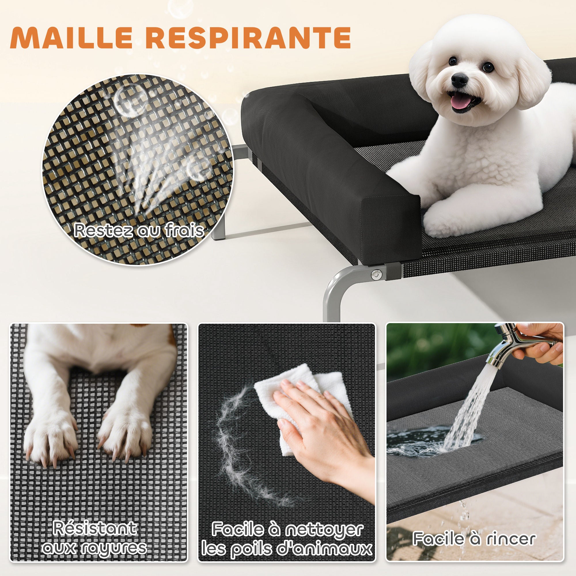 Cooling Elevated Dog Bed, Portable Indoor Outdoor Dog Cot with U-shaped Pillow, Breathable Mesh, Chew Resistant, 90 x 65 x 30 cm, Black