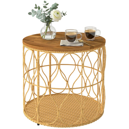 Side Table, 19.7-inch Round Weatherproof Garden Table with Rattan Look, Acacia Wood Top, Adjustable Feet, 176 lb Capacity, Bistro Table for Garden Terrace Balcony — Teak