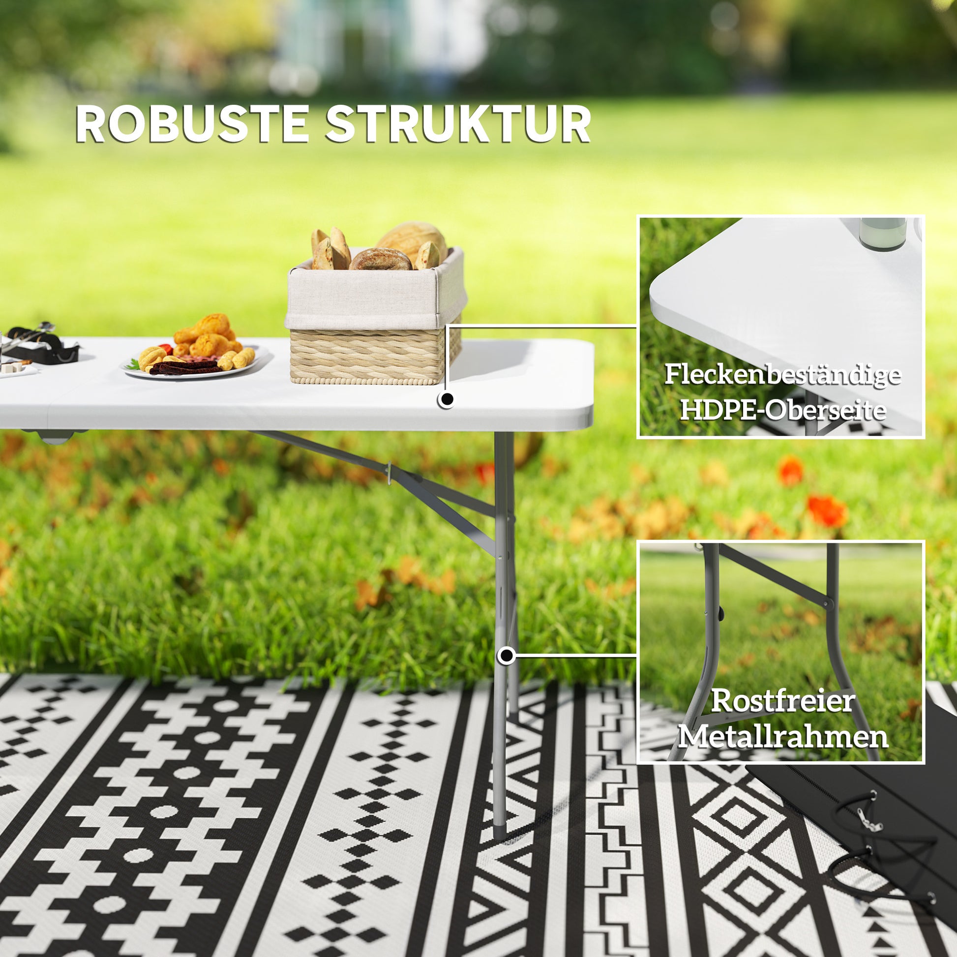 Folding Garden Table 180 x 74 cm Weatherproof Buffet Table with Carry Handle Folding Table Camping Table for Garden Terrace and Balcony White