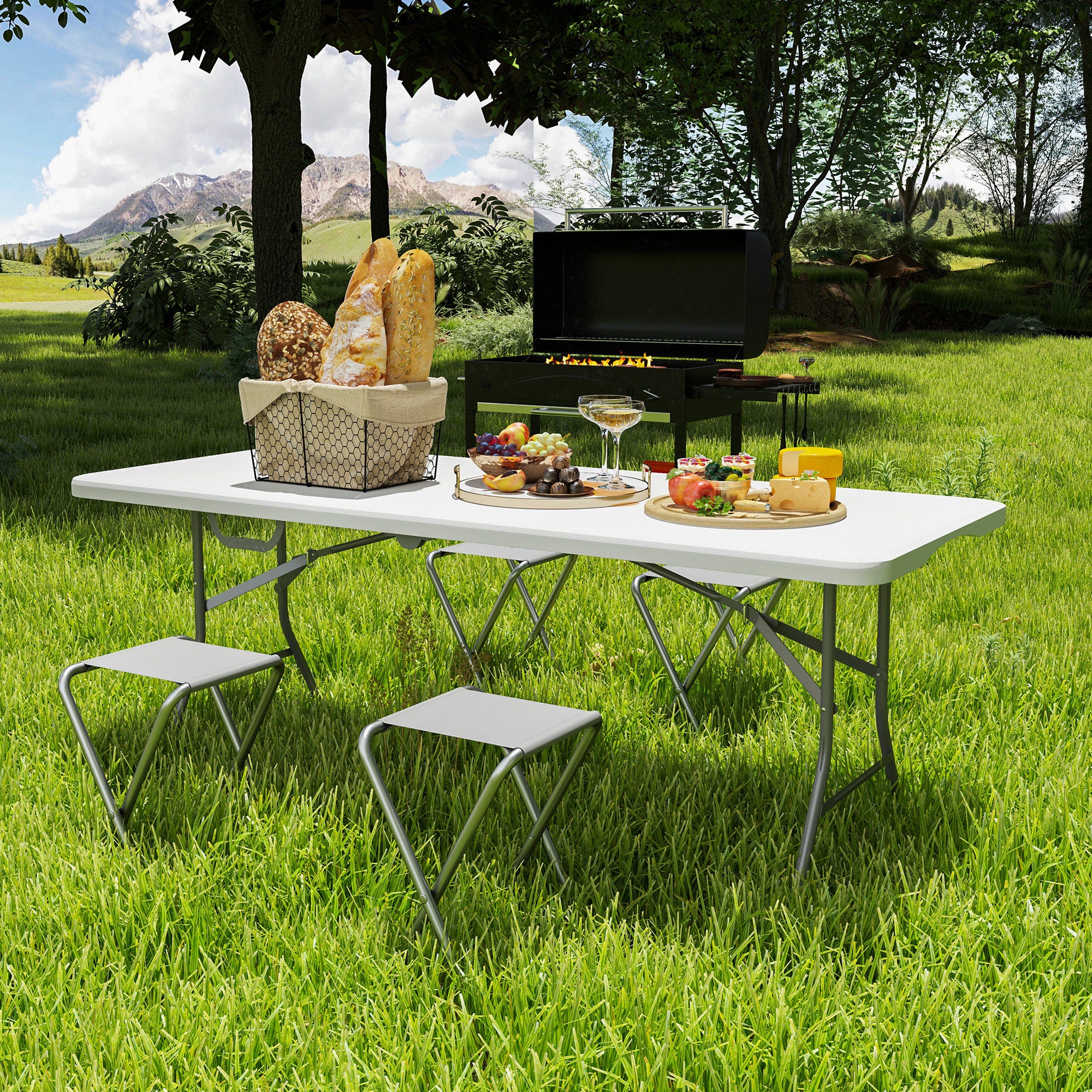 Folding Garden Table 180 x 74 cm Weatherproof Buffet Table with Carry Handle Folding Table Camping Table for Garden Terrace and Balcony White
