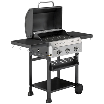 9 kW (≈30,700 BTU) 3-Burner Stainless Steel Gas Grill Cart — Foldable Side Shelves, Spice Rack, Warming Rack, Enamel Grates, Wheels