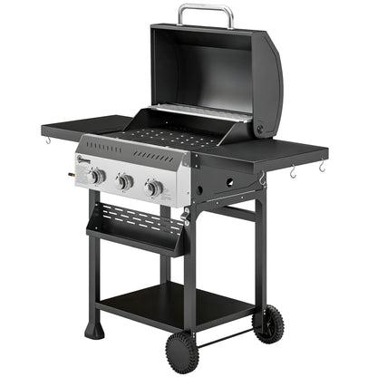 9 kW (≈30,700 BTU) 3-Burner Stainless Steel Gas Grill Cart — Foldable Side Shelves, Spice Rack, Warming Rack, Enamel Grates, Wheels